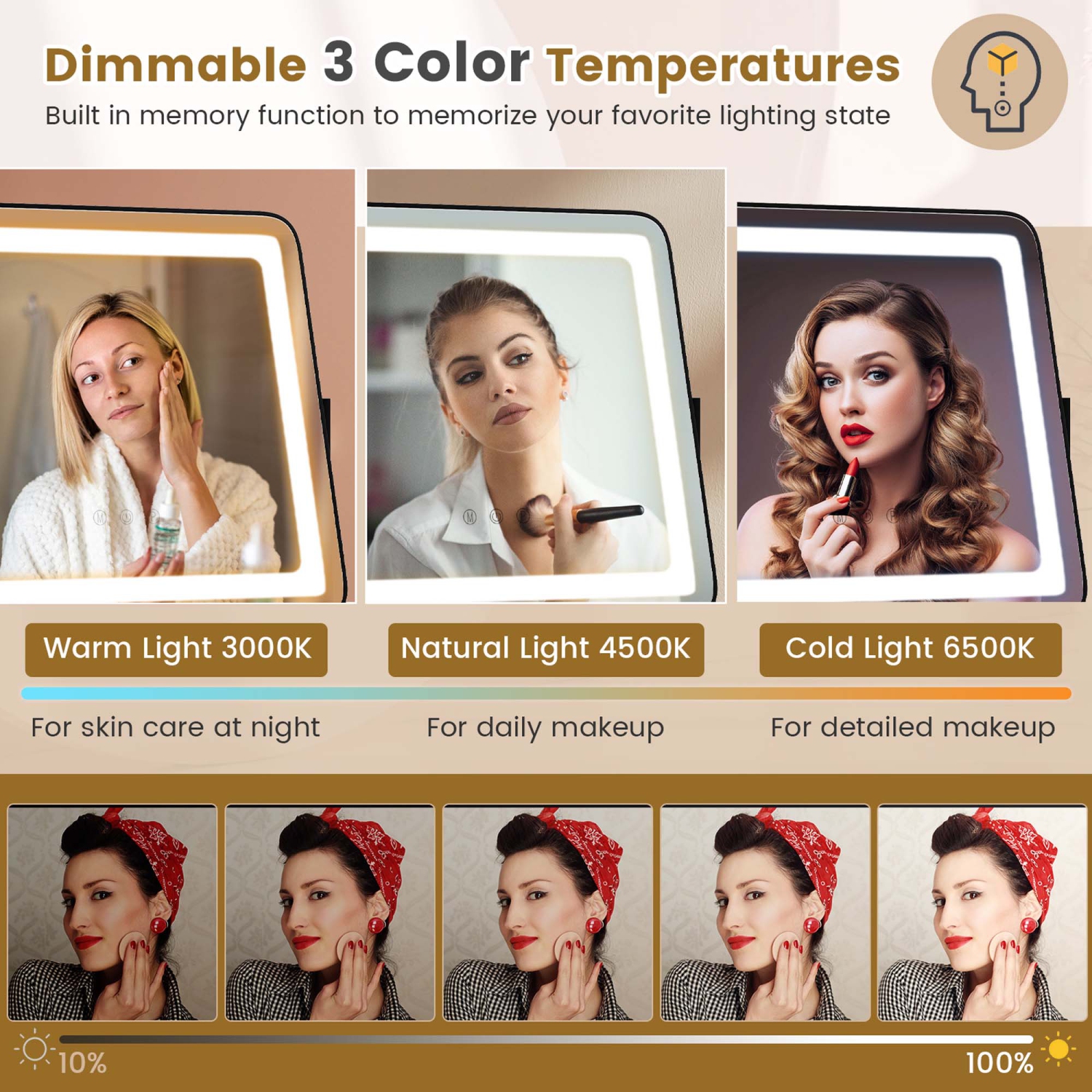 Costway Hollywood Vanity Makeup Mirror with 3-Color LED Lights & Smart Touch Control