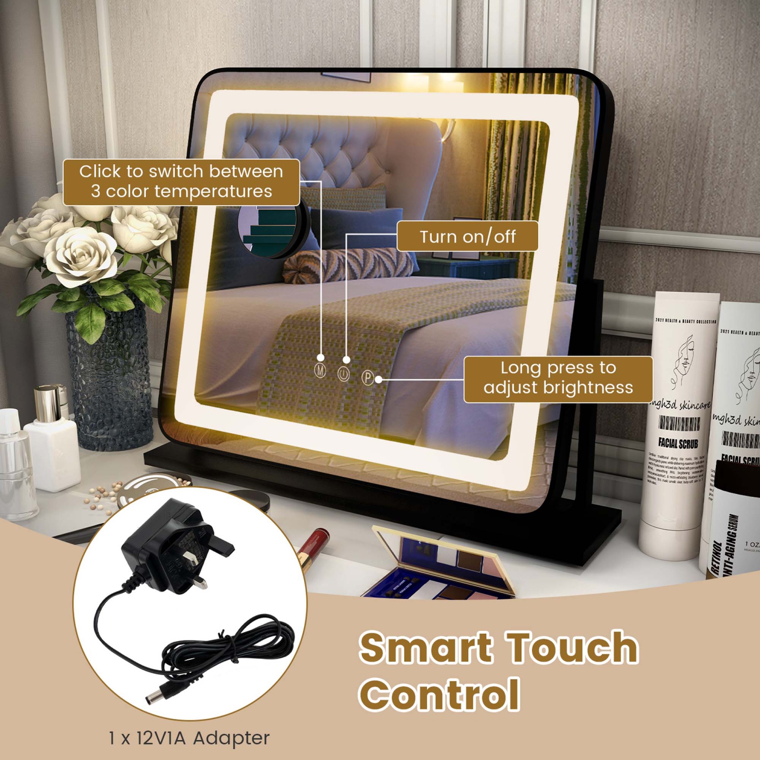 Costway Hollywood Vanity Makeup Mirror with 3-Color LED Lights & Smart Touch Control