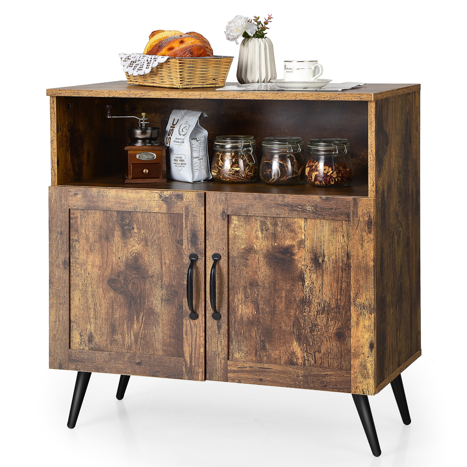 Costway Mid-century Storage Cabinet Sideboard w/ Doors Wine Glass Racks Rustic Brown