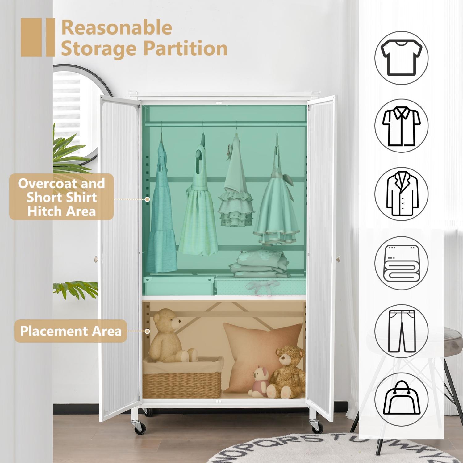 Costway Storage Wardrobe Cabinet Mobile Armoire Closet with Hanging Rod & Adjustable Shelf