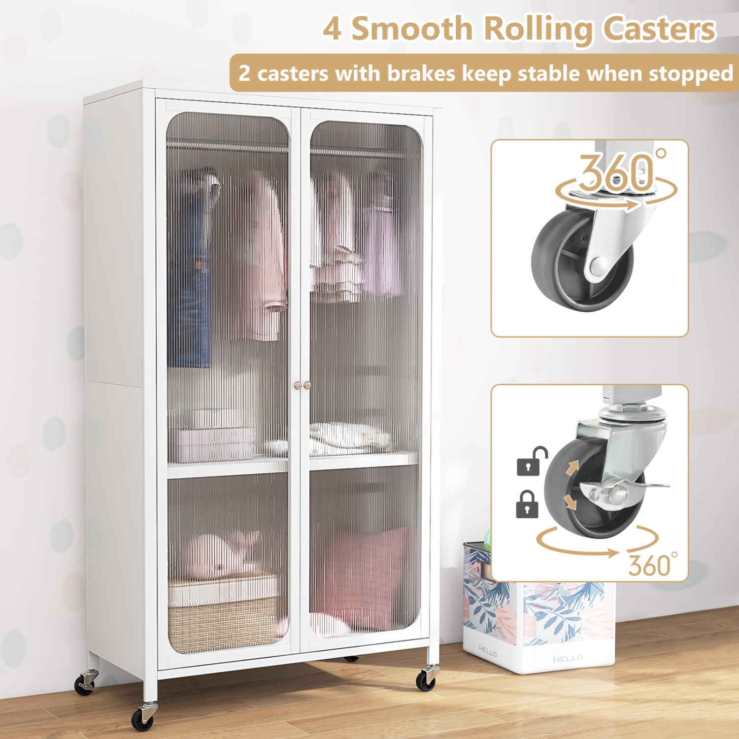 Costway Storage Wardrobe Cabinet Mobile Armoire Closet with Hanging Rod & Adjustable Shelf