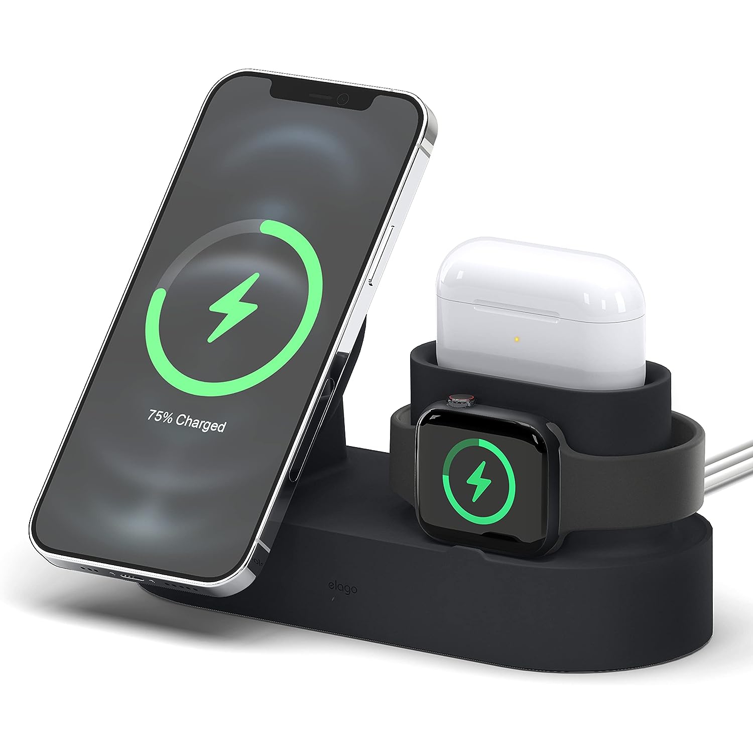 elago Trio 2 Wireless Charging Station for Desk Compatible with MagSafe, iPhone 12, AirPods Pro - 3 in 1 Phone Stand [Black] [Charging Cables Not Included]