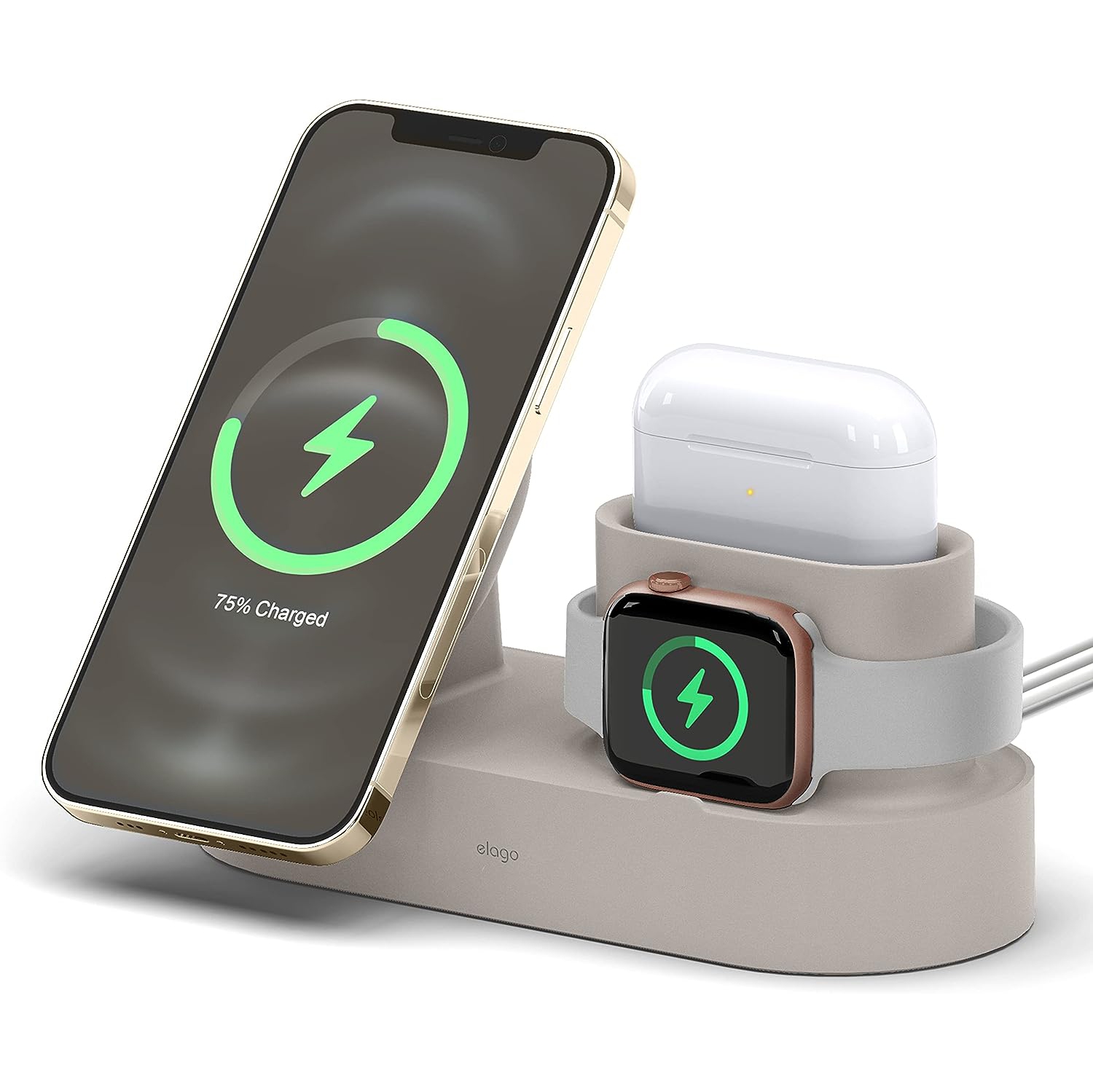 elago Trio 2 Wireless Charging Station for Desk Compatible with MagSafe, iPhone 12, AirPods Pro - 3 in 1 Phone Stand [Stone] [Charging Cables Not Included]