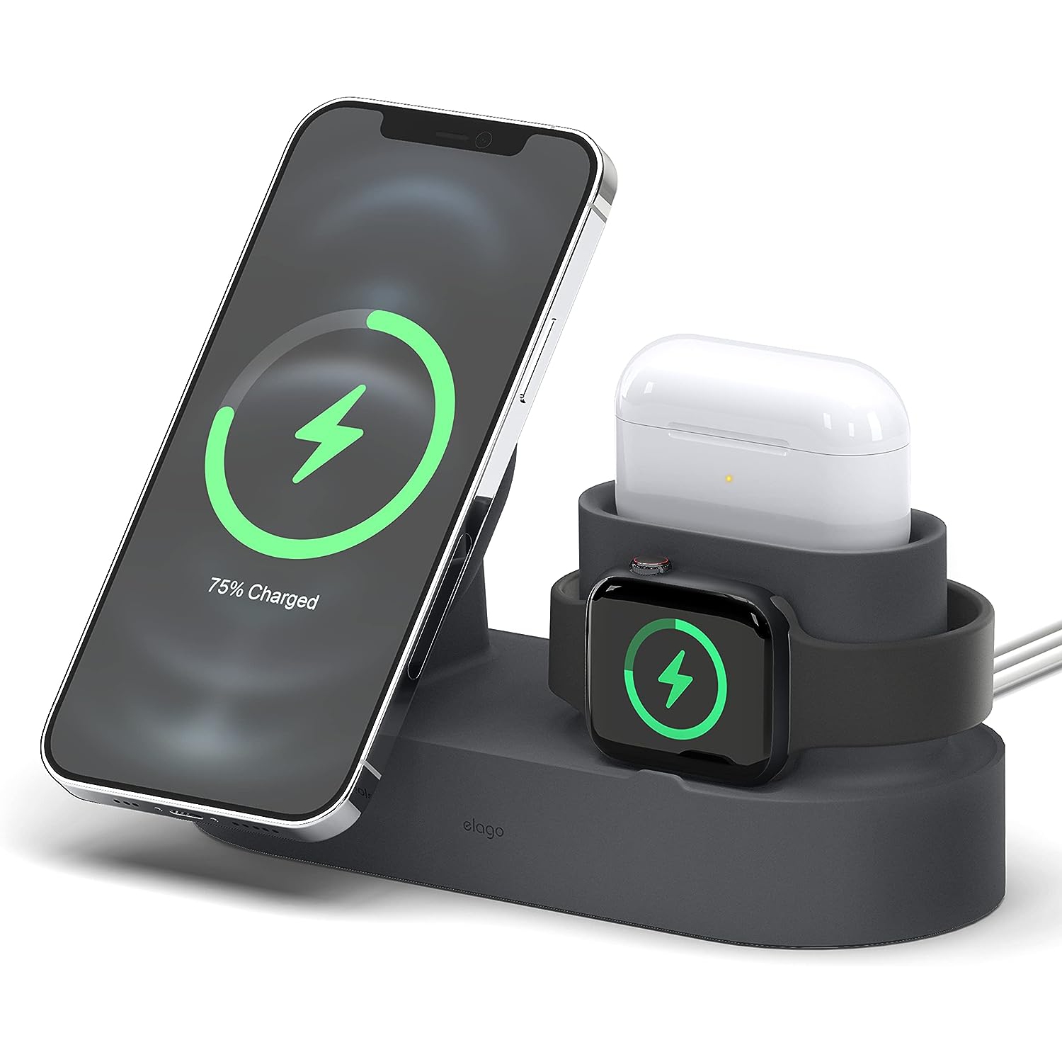 elago Trio 2 Wireless Charging Station for Desk Compatible with MagSafe, iPhone 12, AirPods Pro - 3 in 1 Phone Stand [Dark Grey] [Charging Cables Not Included]