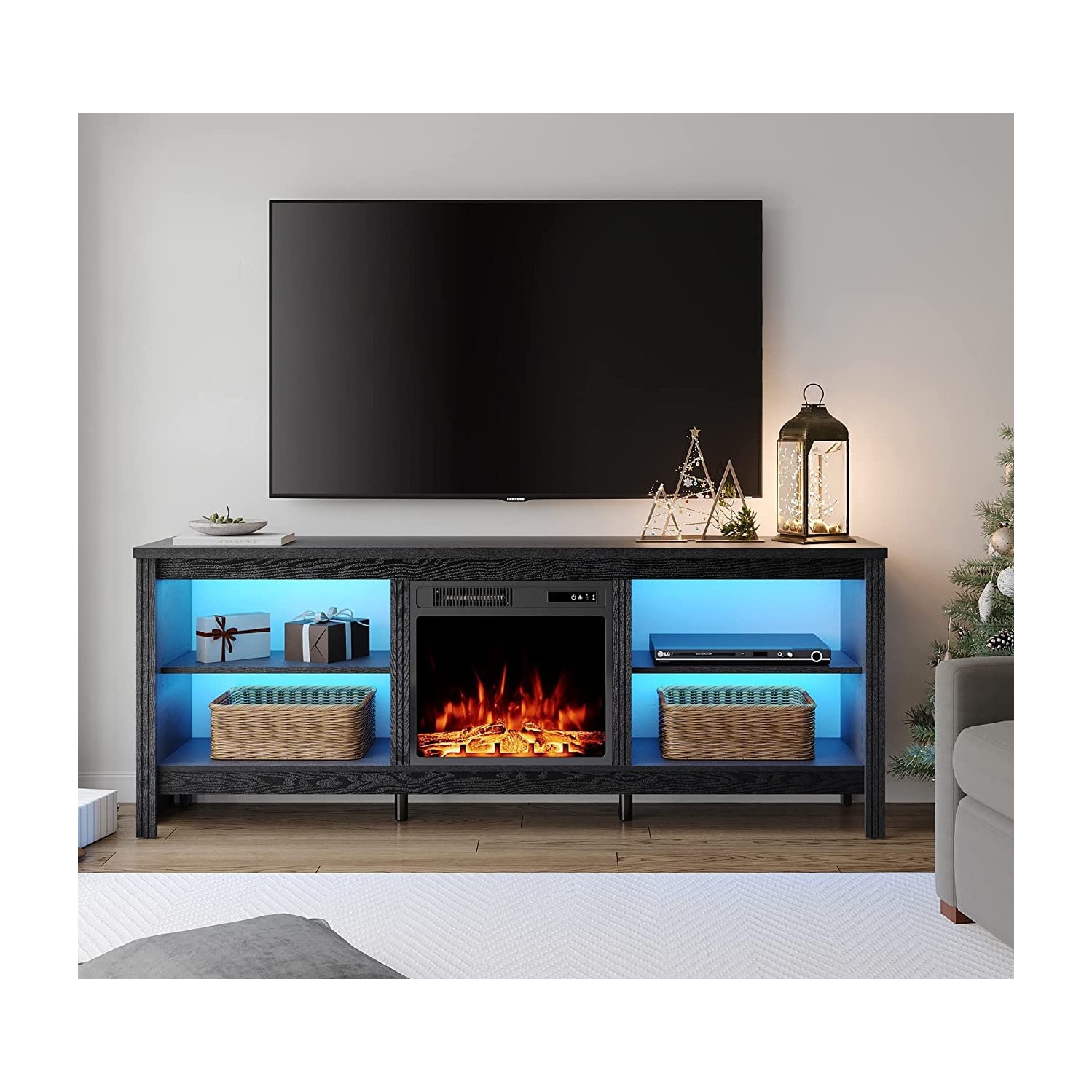 WAMPAT Fireplace TV Stand with LED Lights for 75 Inch TV Entertainment Center, Electric Fire Place Wood TV Console Table with 4 Storagesfor Living Room Bedroom, 70'' Black