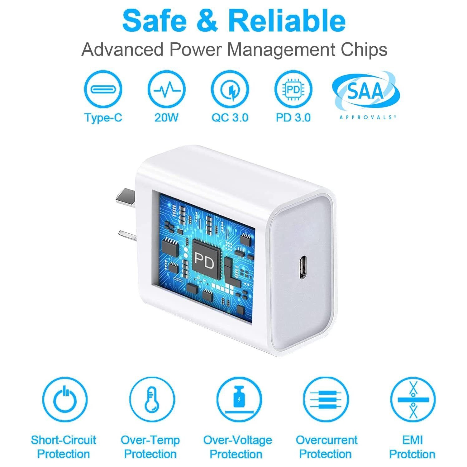 Chargeur rapide pour iPhone 20&nbsp;W | Adaptateur mural de type C Cube compatible avec les iPhone 14, 13, 12, 11 Pro Max, XR d'Apple XS, câble de