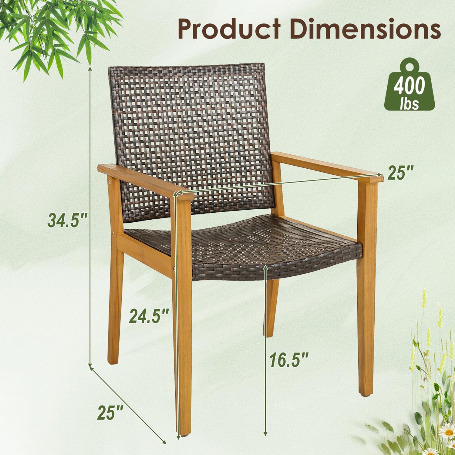 Gymax Outdoor Rattan Chair Set of 4 Patio PE Wicker Dining Chairs w/ Sturdy Acacia Wood Frame