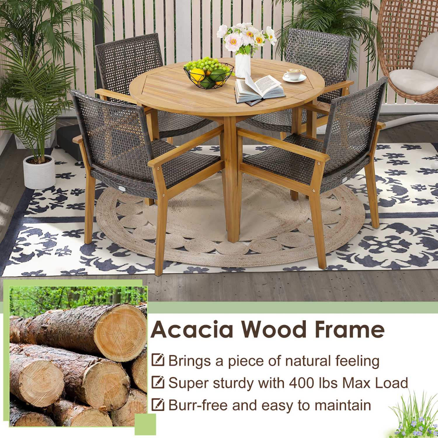 Gymax Outdoor Rattan Chair Set of 4 Patio PE Wicker Dining Chairs w/ Sturdy Acacia Wood Frame