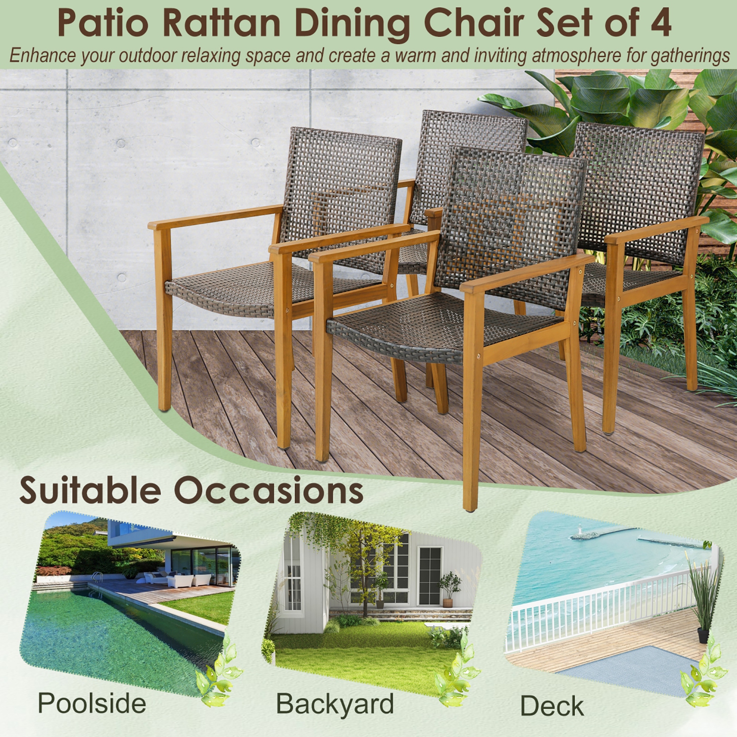 Gymax Outdoor Rattan Chair Set of 4 Patio PE Wicker Dining Chairs w/ Sturdy Acacia Wood Frame