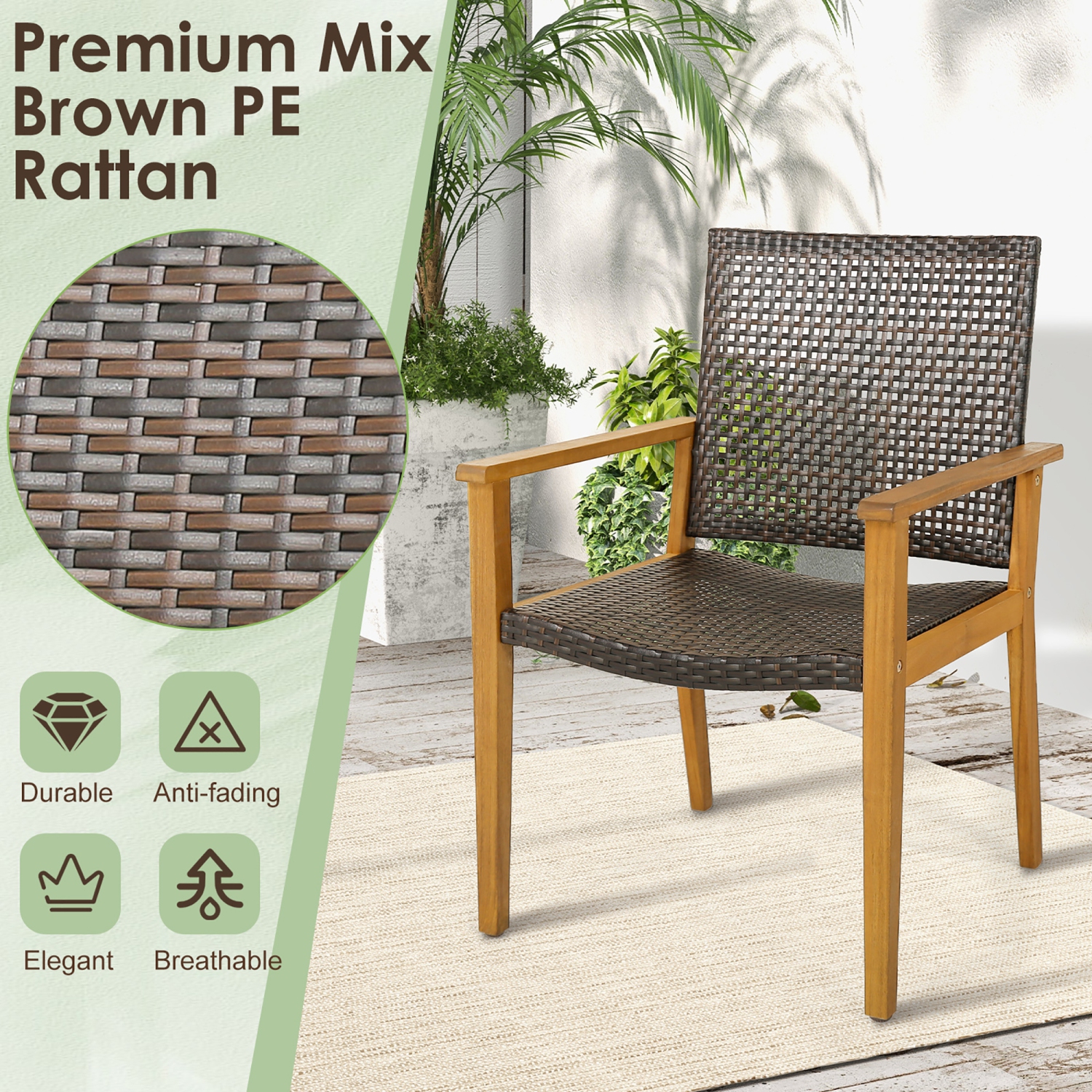 Gymax Outdoor Rattan Chair Set of 4 Patio PE Wicker Dining Chairs w/ Sturdy Acacia Wood Frame