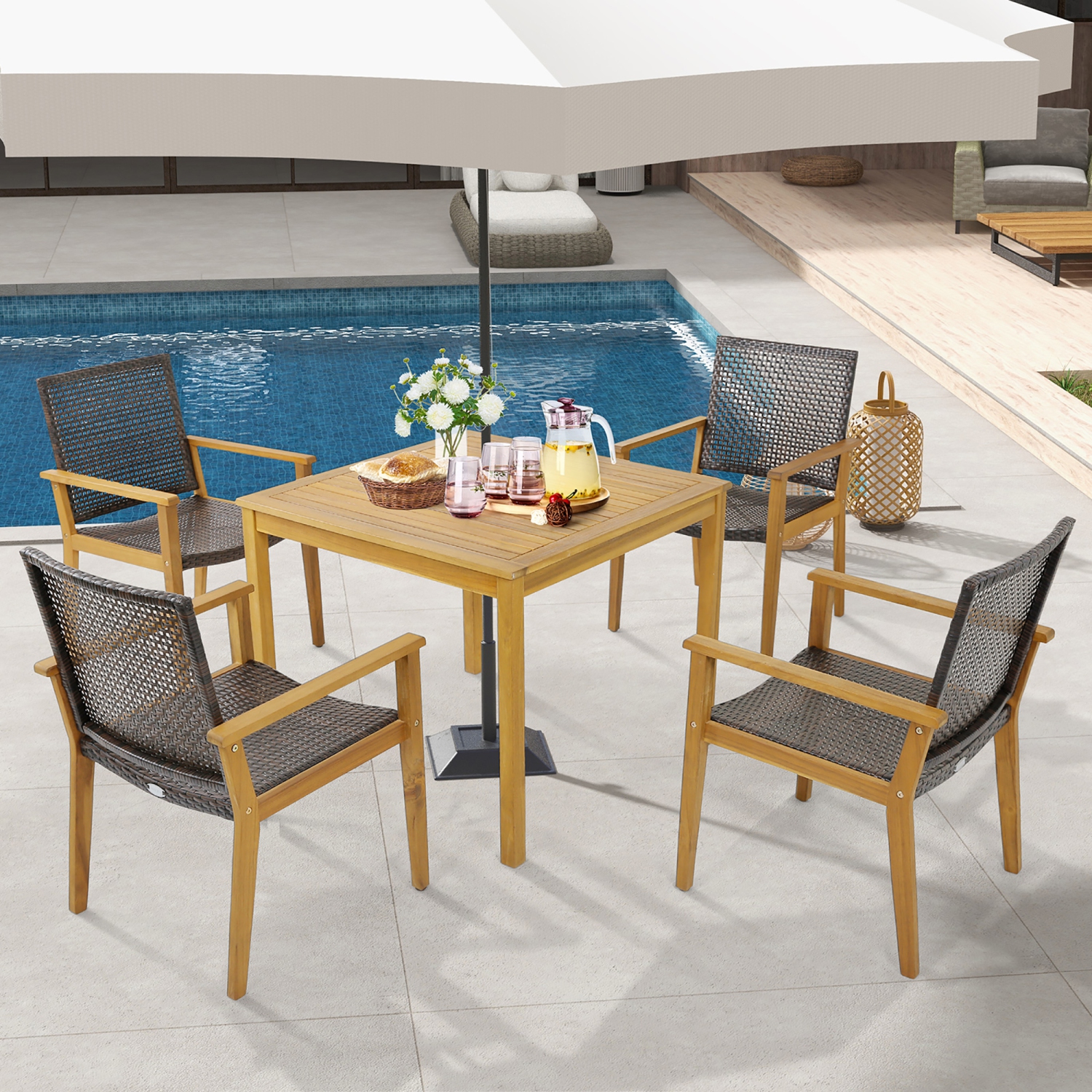Gymax Outdoor Rattan Chair Set of 4 Patio PE Wicker Dining Chairs w/ Sturdy Acacia Wood Frame