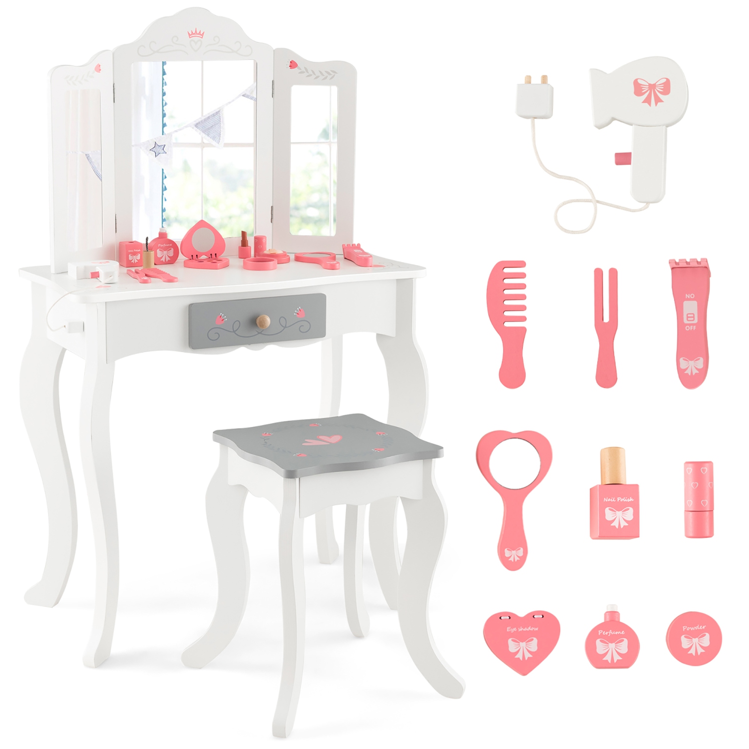 Gymax Kids Vanity Set Makeup Table & Chair Tri-folding Mirror Sweet Accessories