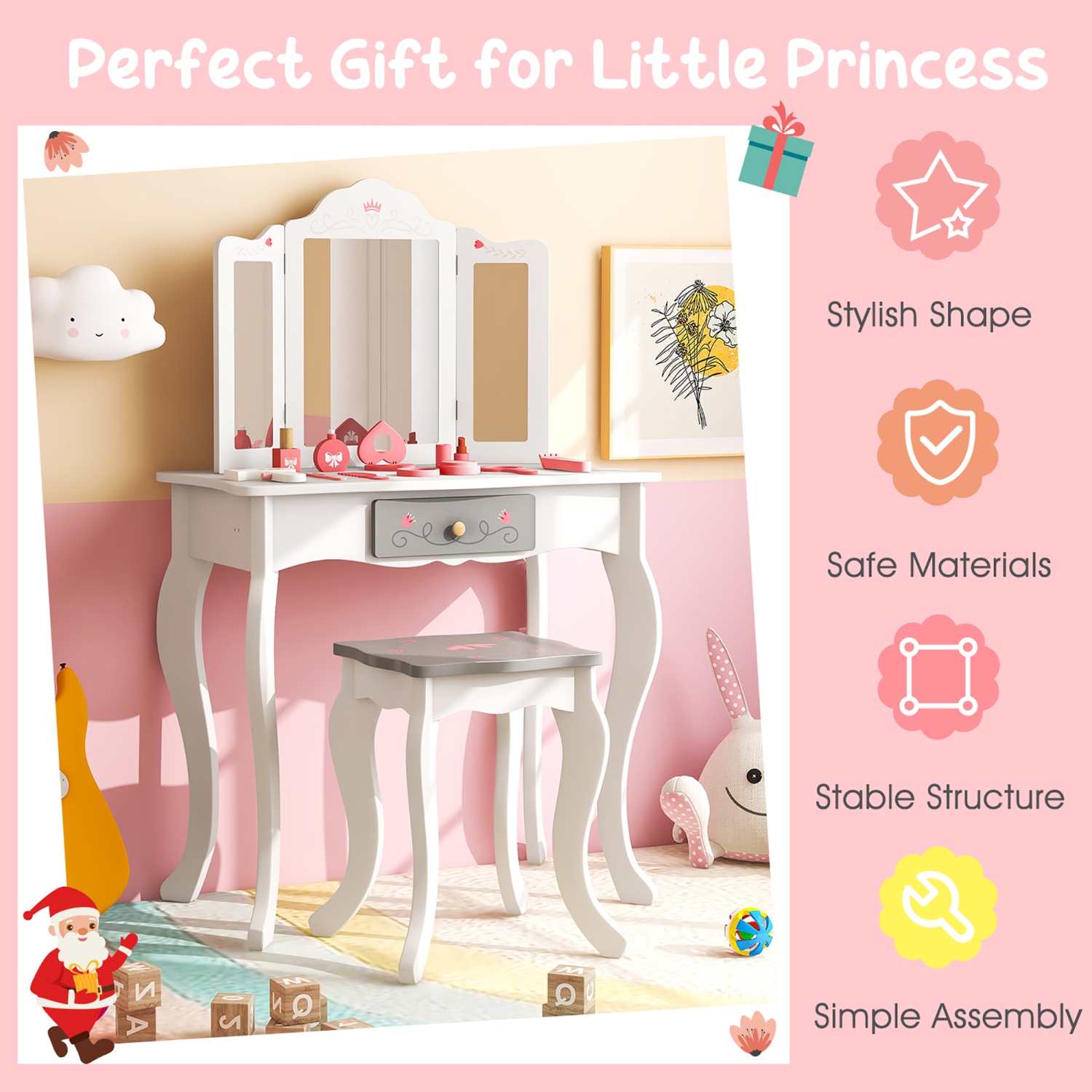Gymax Kids Vanity Set Makeup Table & Chair Tri-folding Mirror Sweet Accessories