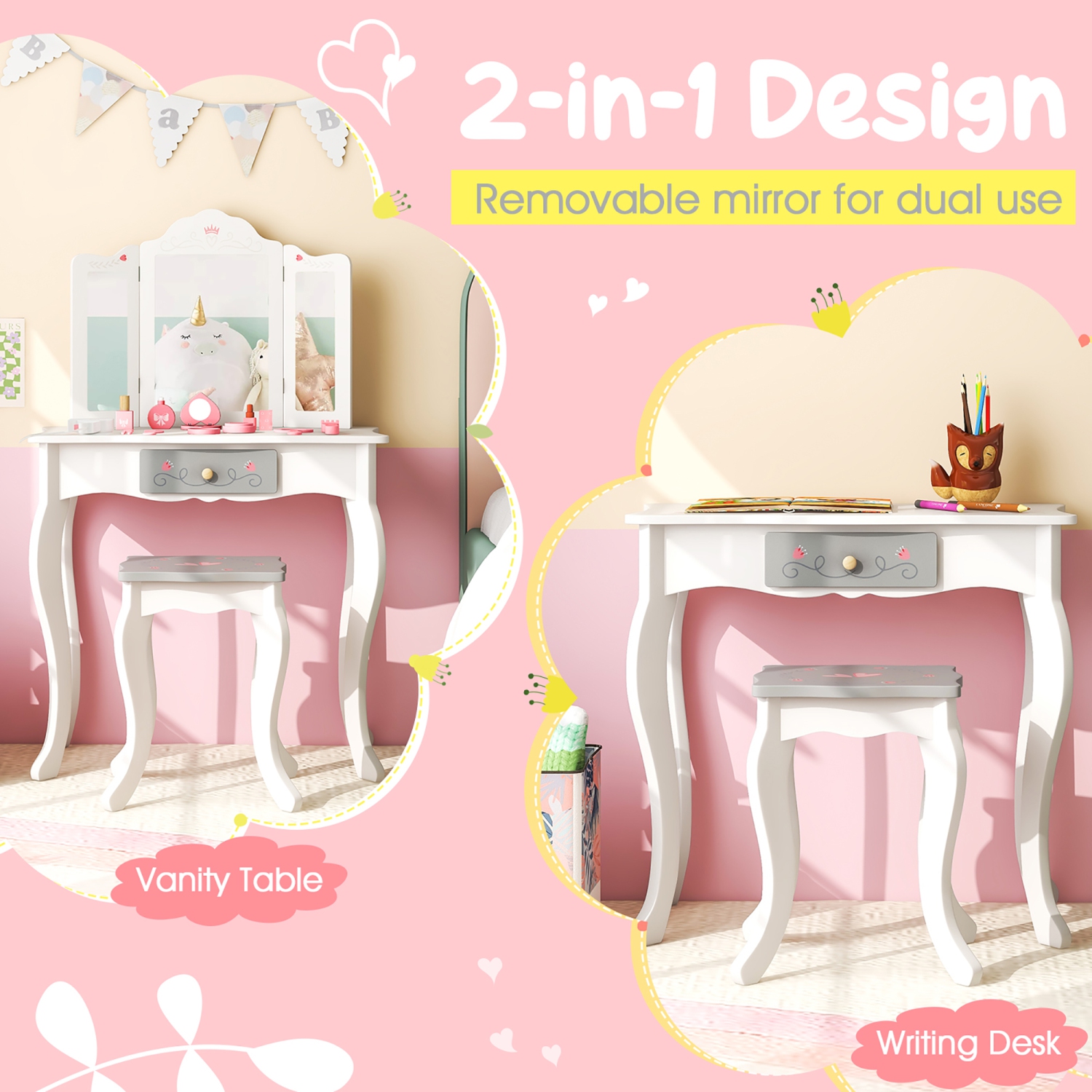 Gymax Kids Vanity Set Makeup Table & Chair Tri-folding Mirror Sweet Accessories