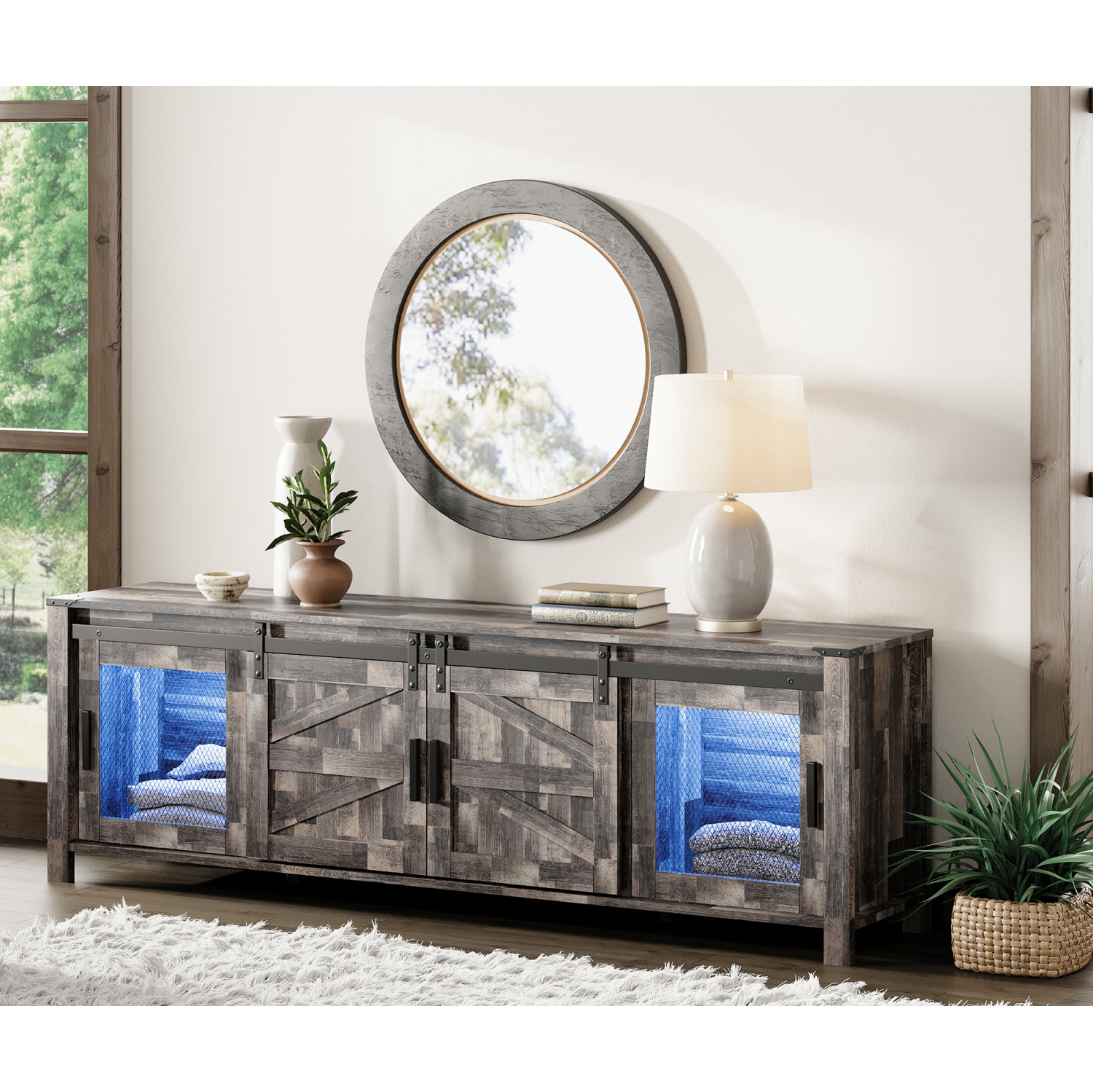 WAMPAT LED Farmhouse TV Stand for 75 Inches TV with Sliding Barn Door,Wood Mid Center with Blue Light for Living Room Bedroom,70" TV Console Table