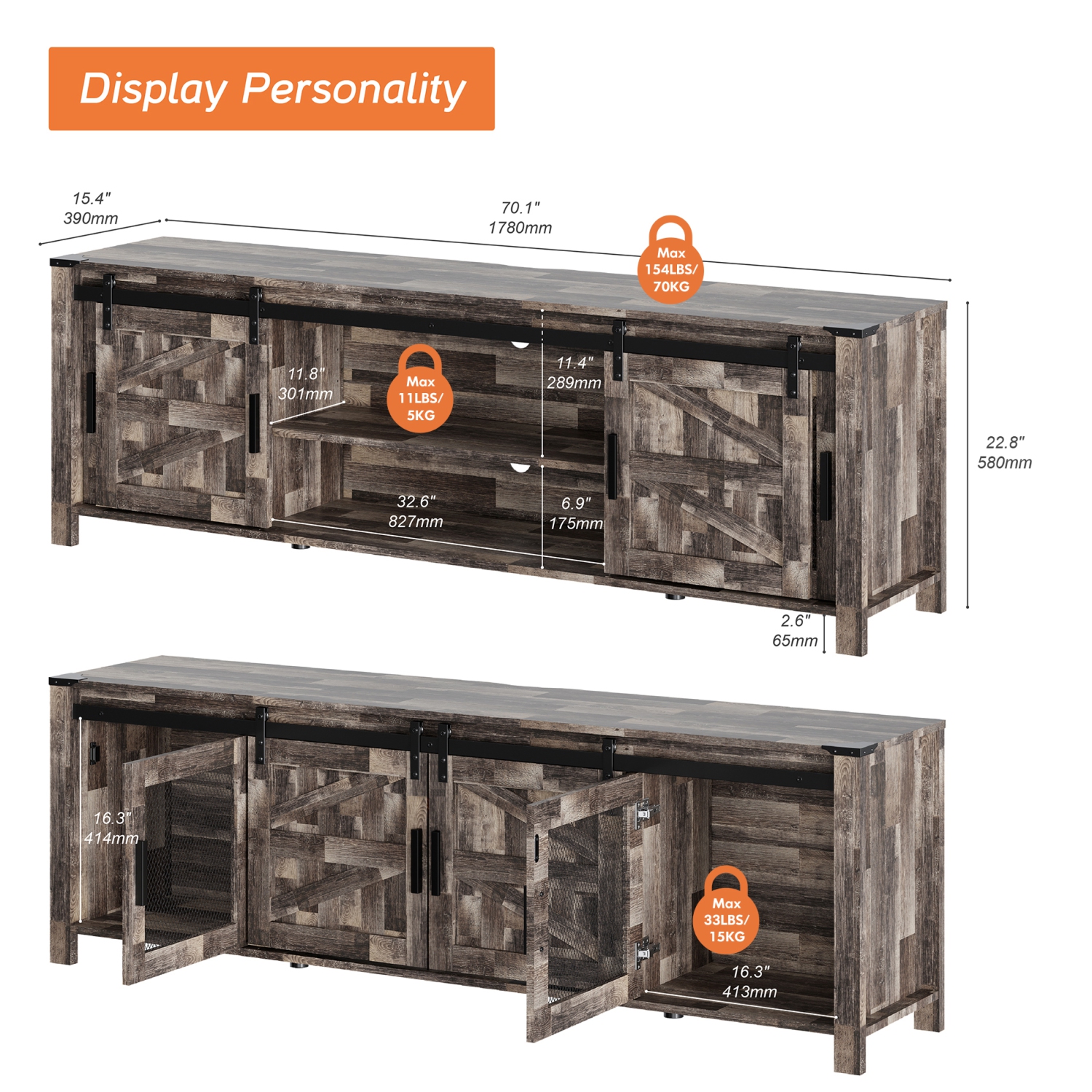 WAMPAT LED Farmhouse TV Stand for 75 Inches TV with Sliding Barn Door,Wood Mid Center with Blue Light for Living Room Bedroom,70" TV Console Table