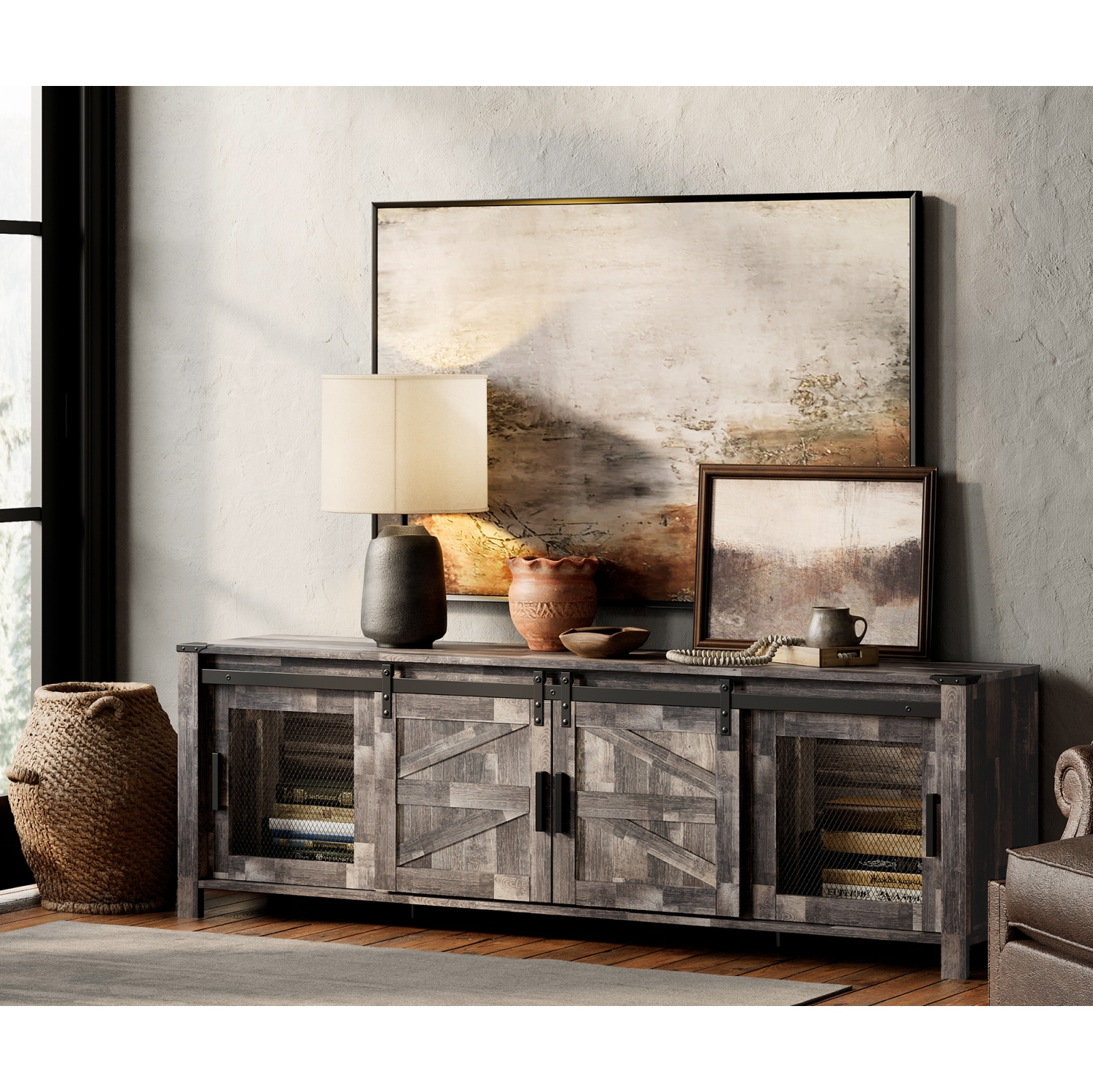 WAMPAT LED Farmhouse TV Stand for 75 Inches TV with Sliding Barn Door,Wood Mid Center with Blue Light for Living Room Bedroom,70" TV Console Table