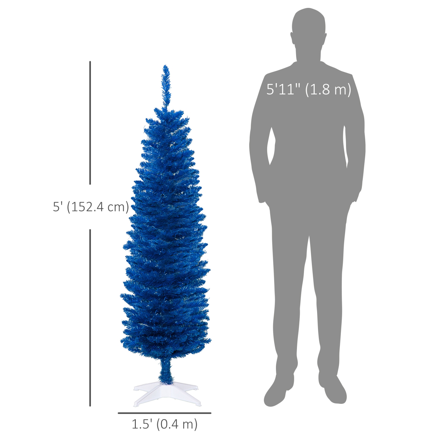 HOMCOM – Arbre de Noël crayon de 5 pi, arbre de Noël artificiel mince avec branches réalistes, support robuste, bleu foncé