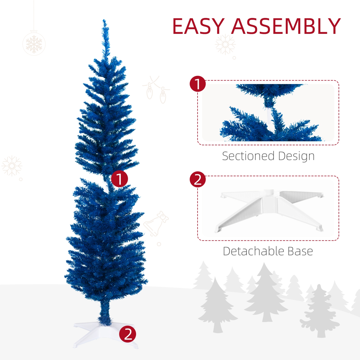 HOMCOM – Arbre de Noël crayon de 5 pi, arbre de Noël artificiel mince avec branches réalistes, support robuste, bleu foncé