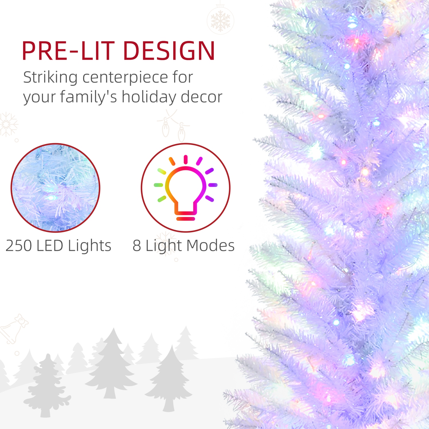 HOMCOM 7&nbsp;pi – Arbre de Noël grand, grand arbre de Noël artificiel, avec branches de surface colorées, lumières à DEL colorées, blanc