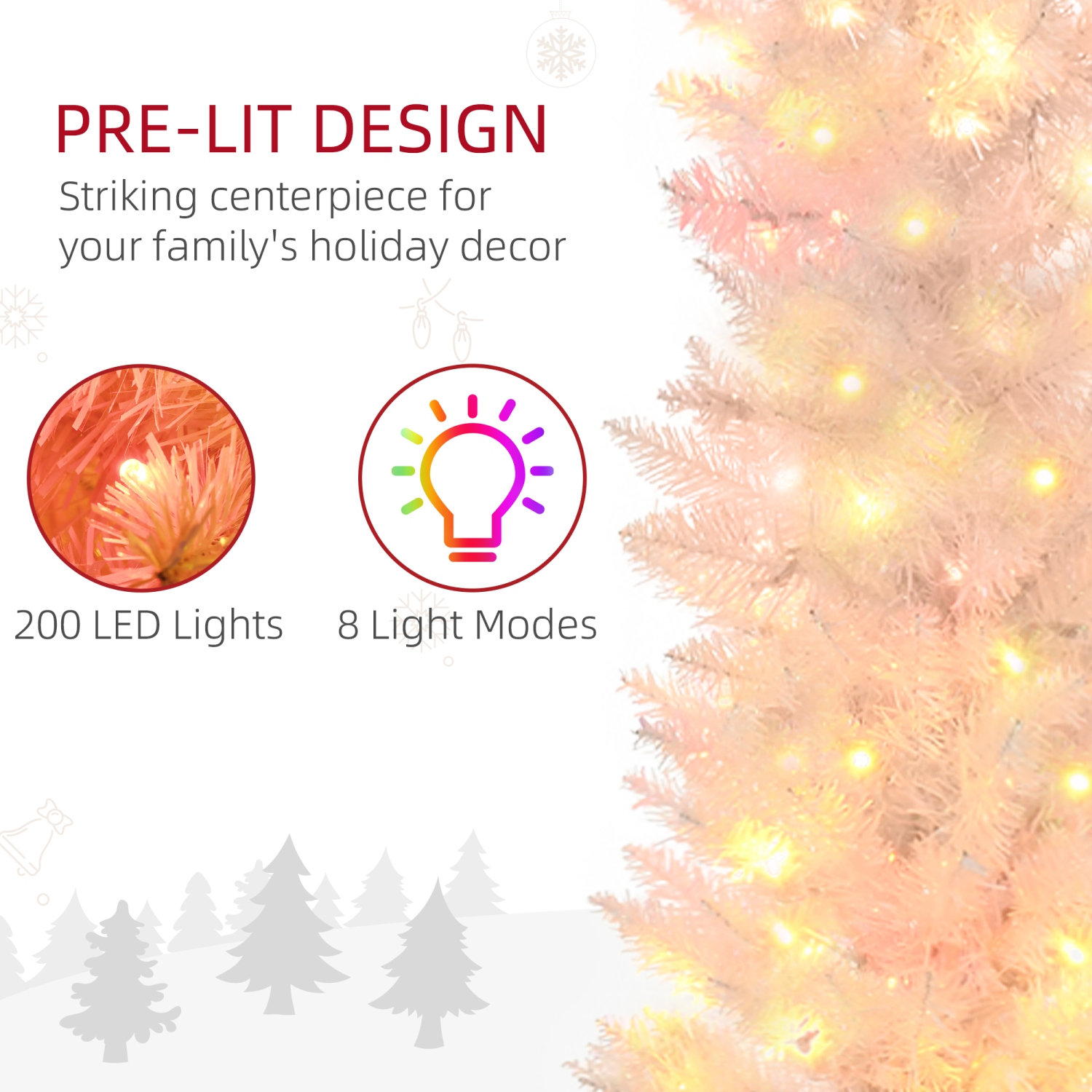 HOMCOM 6 pi – Arbre de Noël grand, grand arbre de Noël artificiel, avec branches de surface colorées, lumières à DEL colorées, blanc