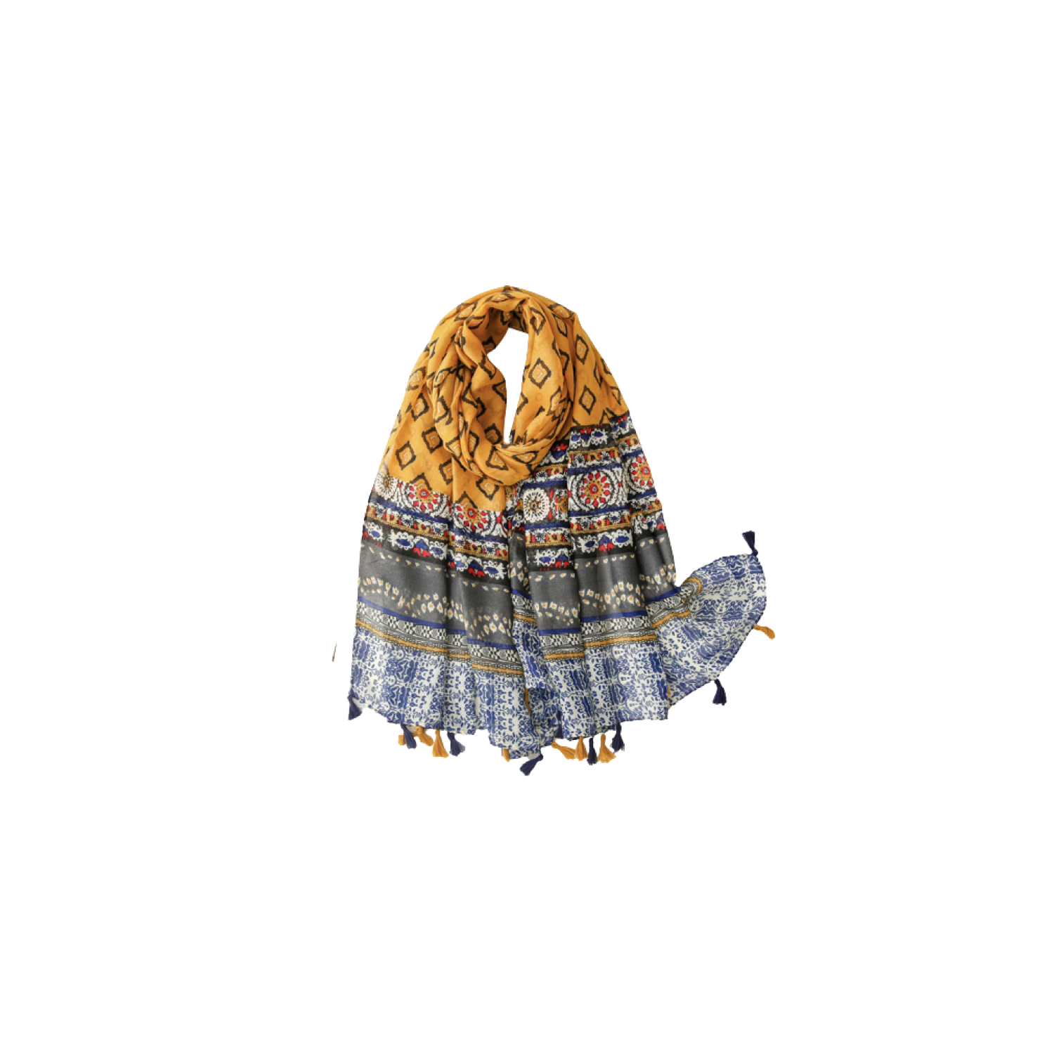 Blue and mustard damask scarf with tassels - Don't AsK