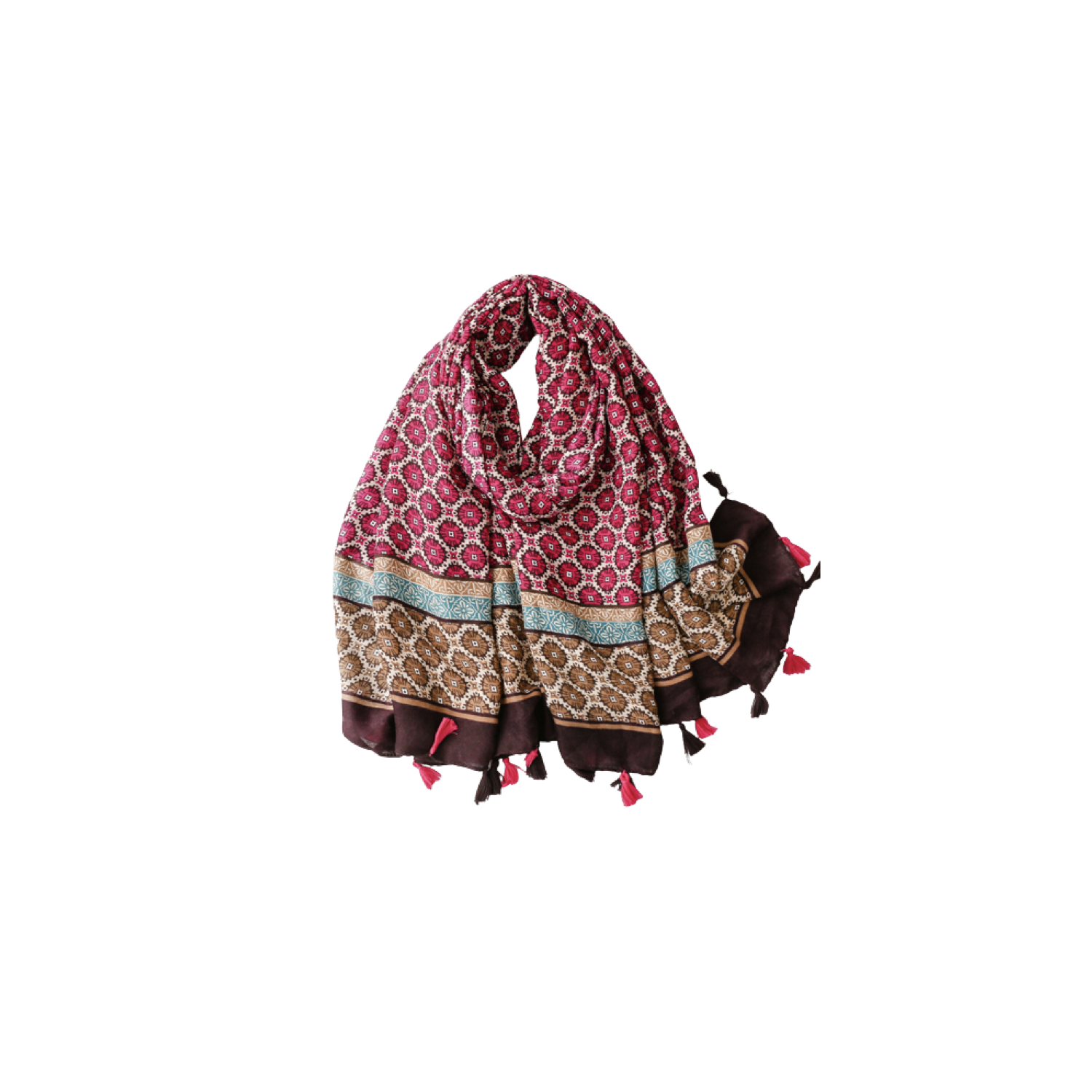 Fuchsia and brown circle scarf with tassels - Don't AsK