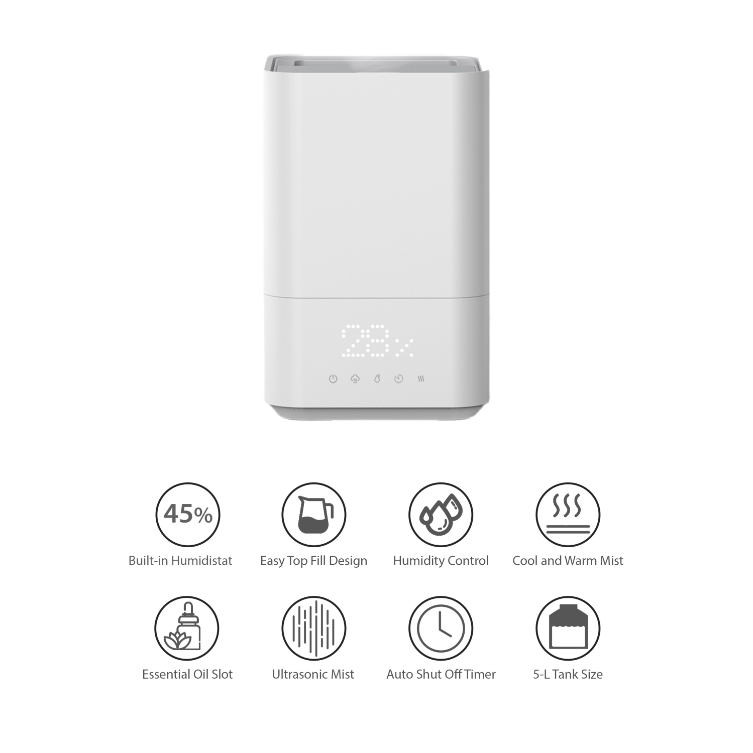 Humidificateur à ultrasons chaud et froid JS H20 – remplissage par le haut 5&nbsp;L – Humidistat et contrôle de l'humidité – thermostat – huile