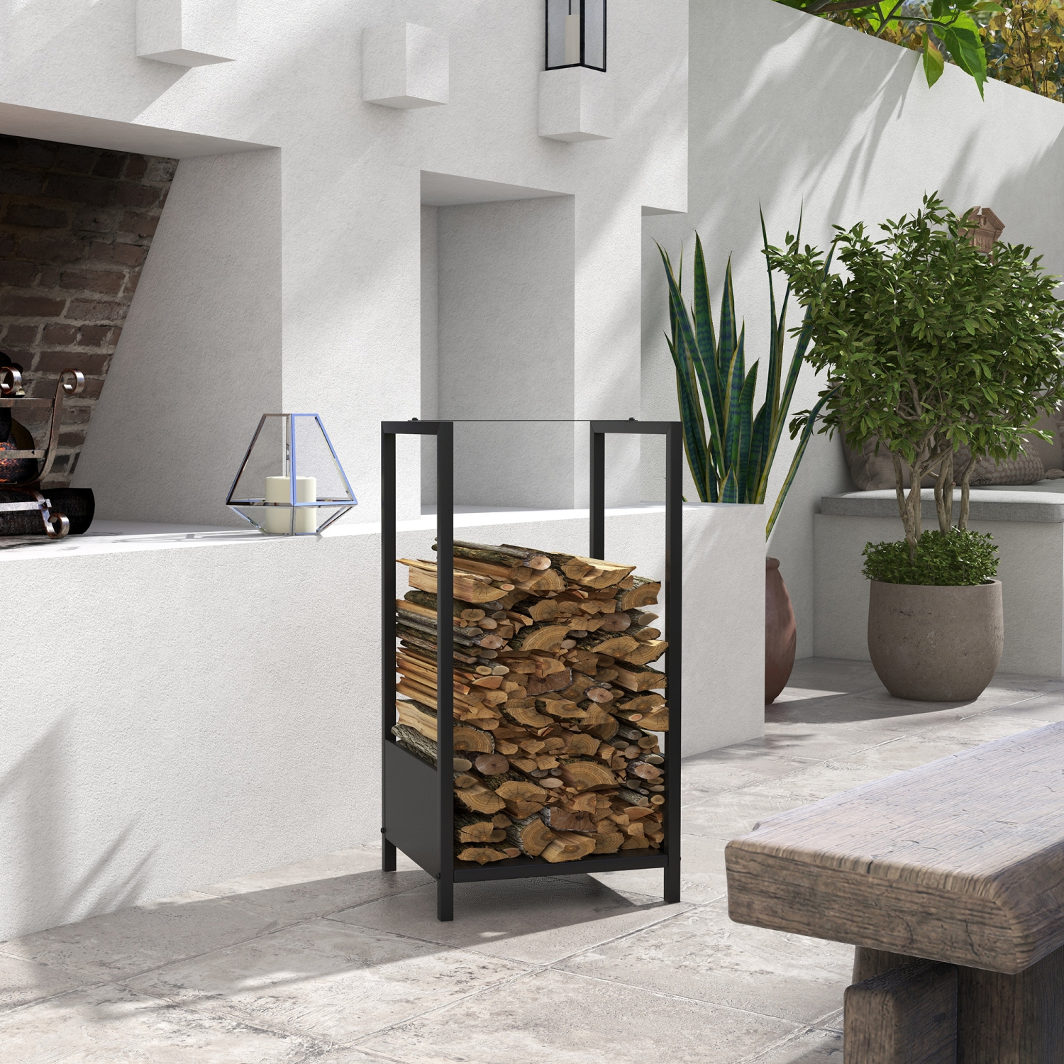 Étagère Outsunny en bois de feu, porte-bûches pour foyer, range-tout intérieur en bois, 15,4 x 13,8 x 29,9 po, noir