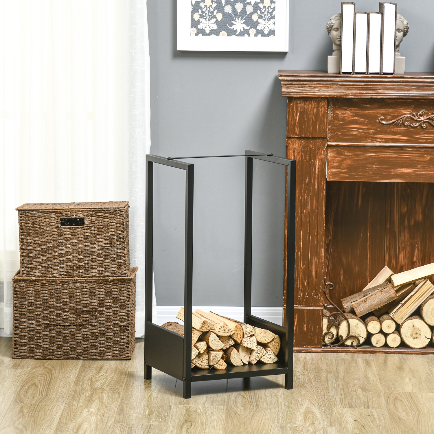 Étagère Outsunny en bois de feu, porte-bûches pour foyer, range-tout intérieur en bois, 15,4 x 13,8 x 29,9 po, noir