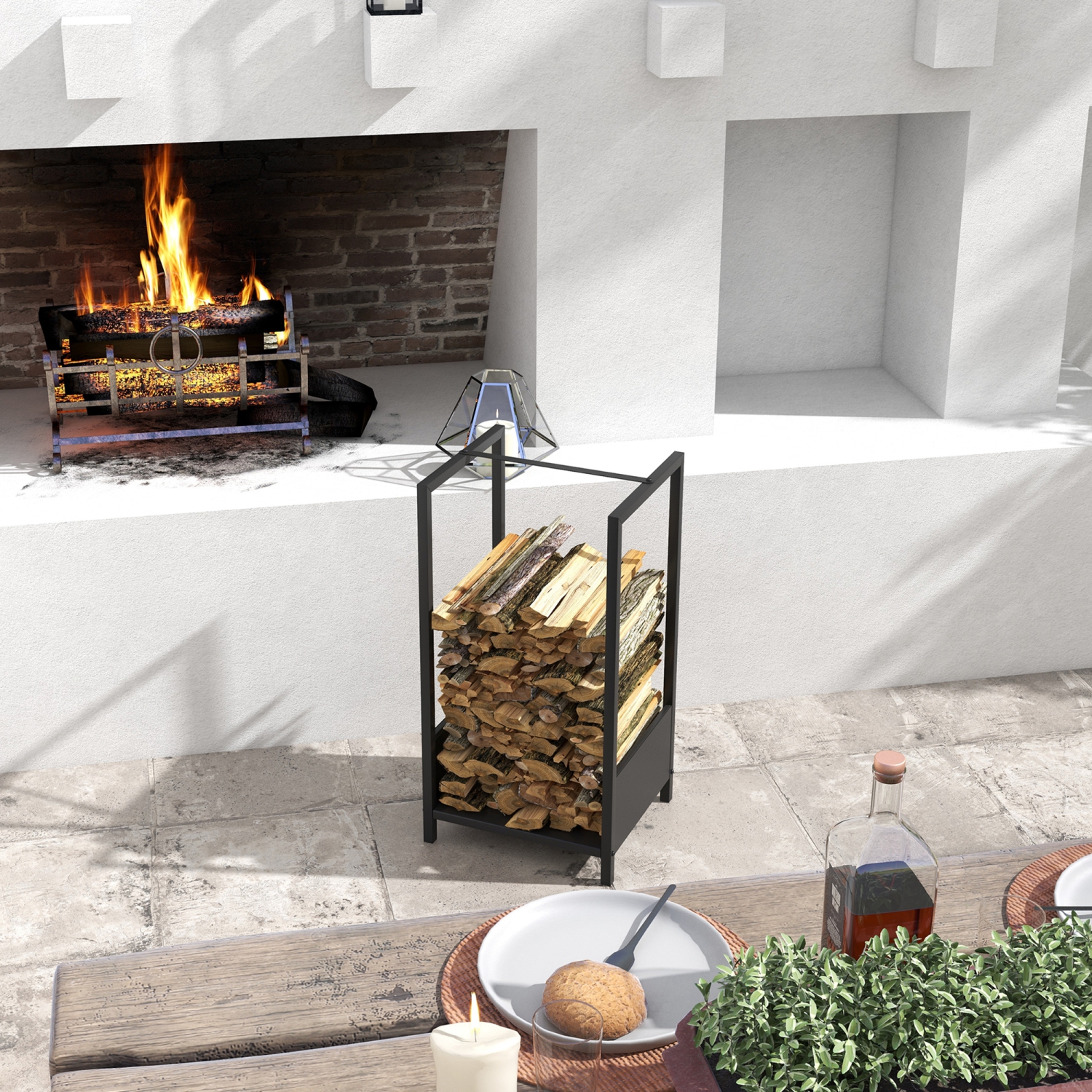 Étagère Outsunny en bois de feu, porte-bûches pour foyer, range-tout intérieur en bois, 15,4 x 13,8 x 29,9 po, noir