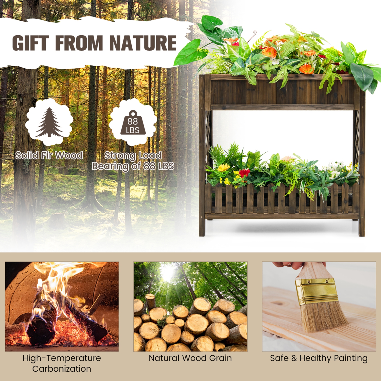 Costway 2-Tier Wood Raised Garden Bed Elevated Planter Box for Vegetable, Fruit, Herb