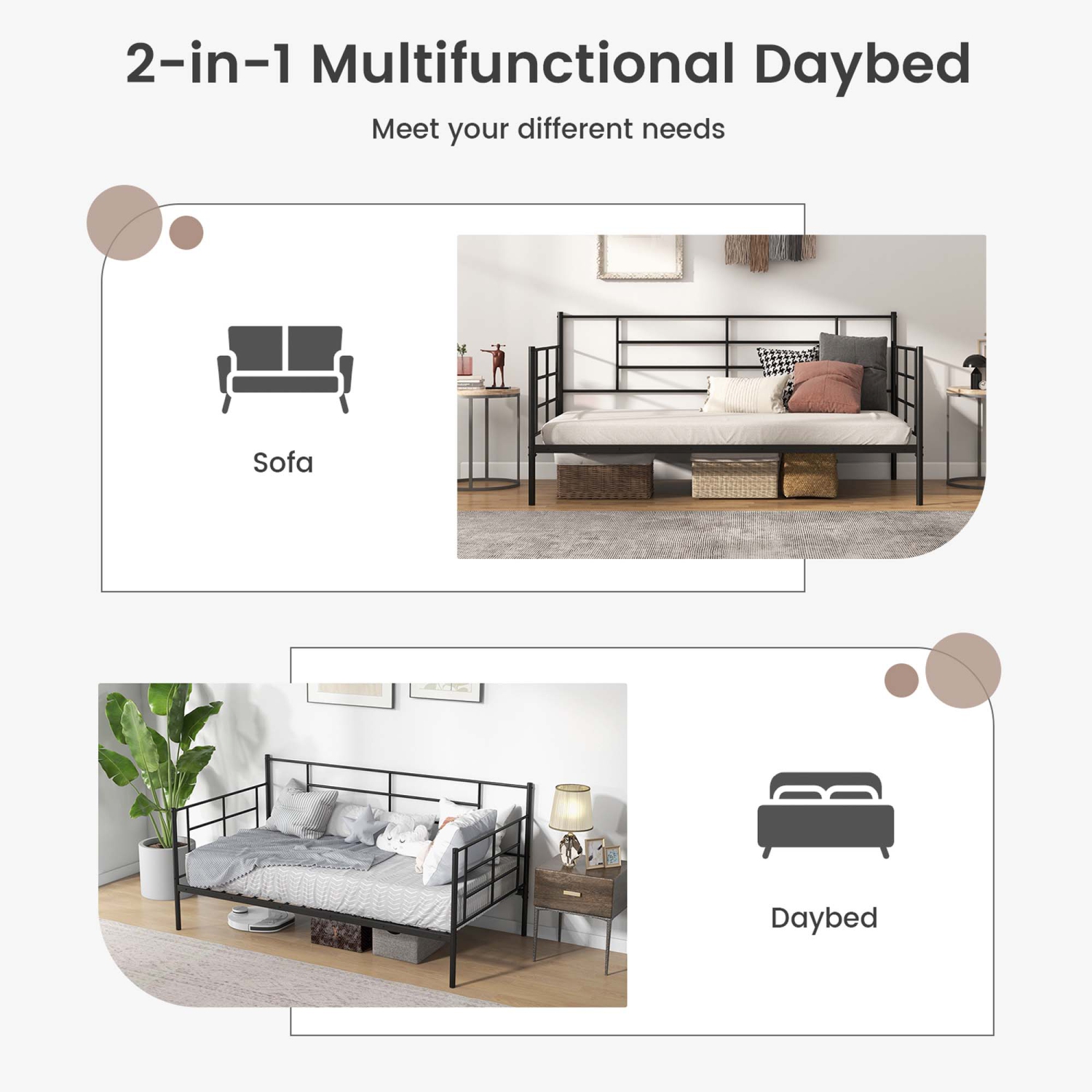 Costway Twin Size Metal Daybed Heavy Duty Sofa Bed Frame Mattress Foundation Black