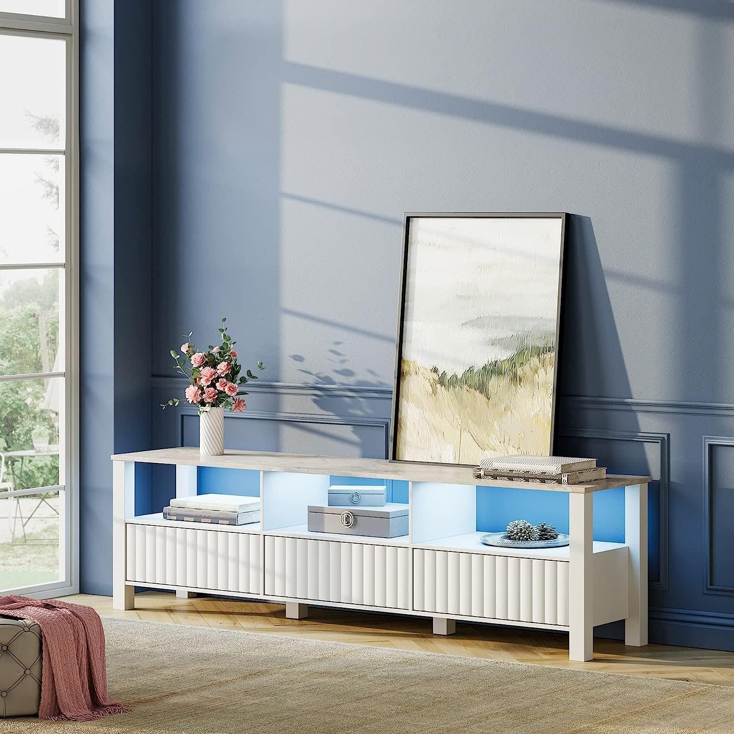 WAMPAT White TV Stand with Blue LED Light, Modern Entertainment Center for 75 Inch TV Console Table with Storage Cabinet & Open Shelf, for Living