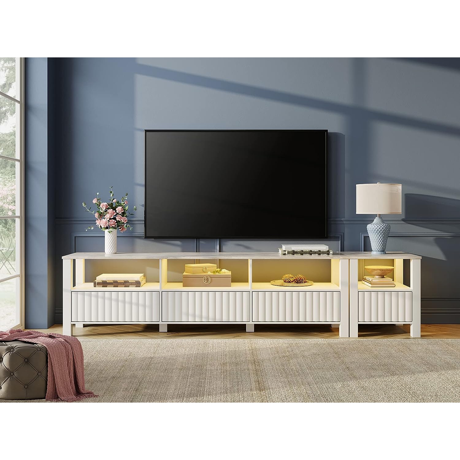 WAMPAT LED TV Stand for TVs up to 85 Inches,White Modern Entertainment Center for 80 inch TV Media Console Table Cabinet with 8 Cubby Storage for Living Room Bedroom