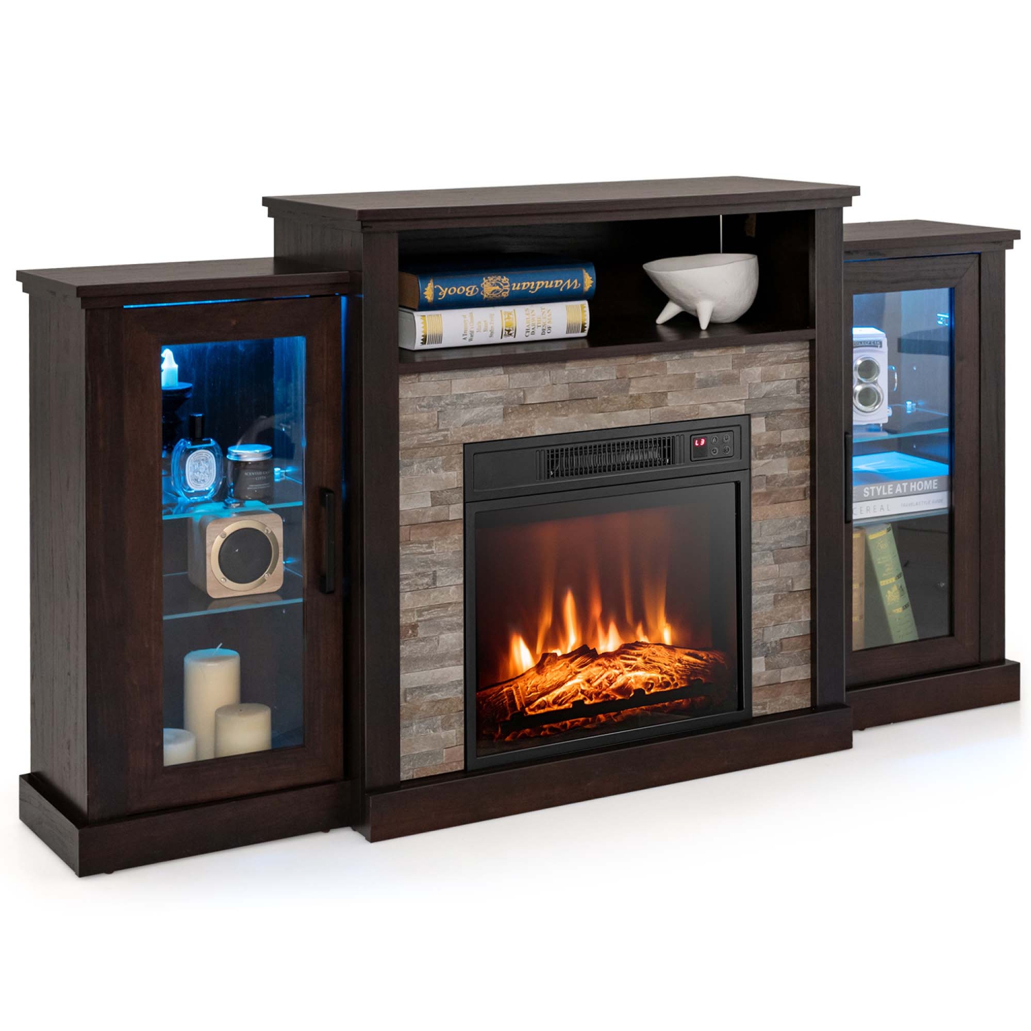 Costway Fireplace TV Stand with Led Lights & 18" Electric Fireplace For 65" Wall-Mounted TV