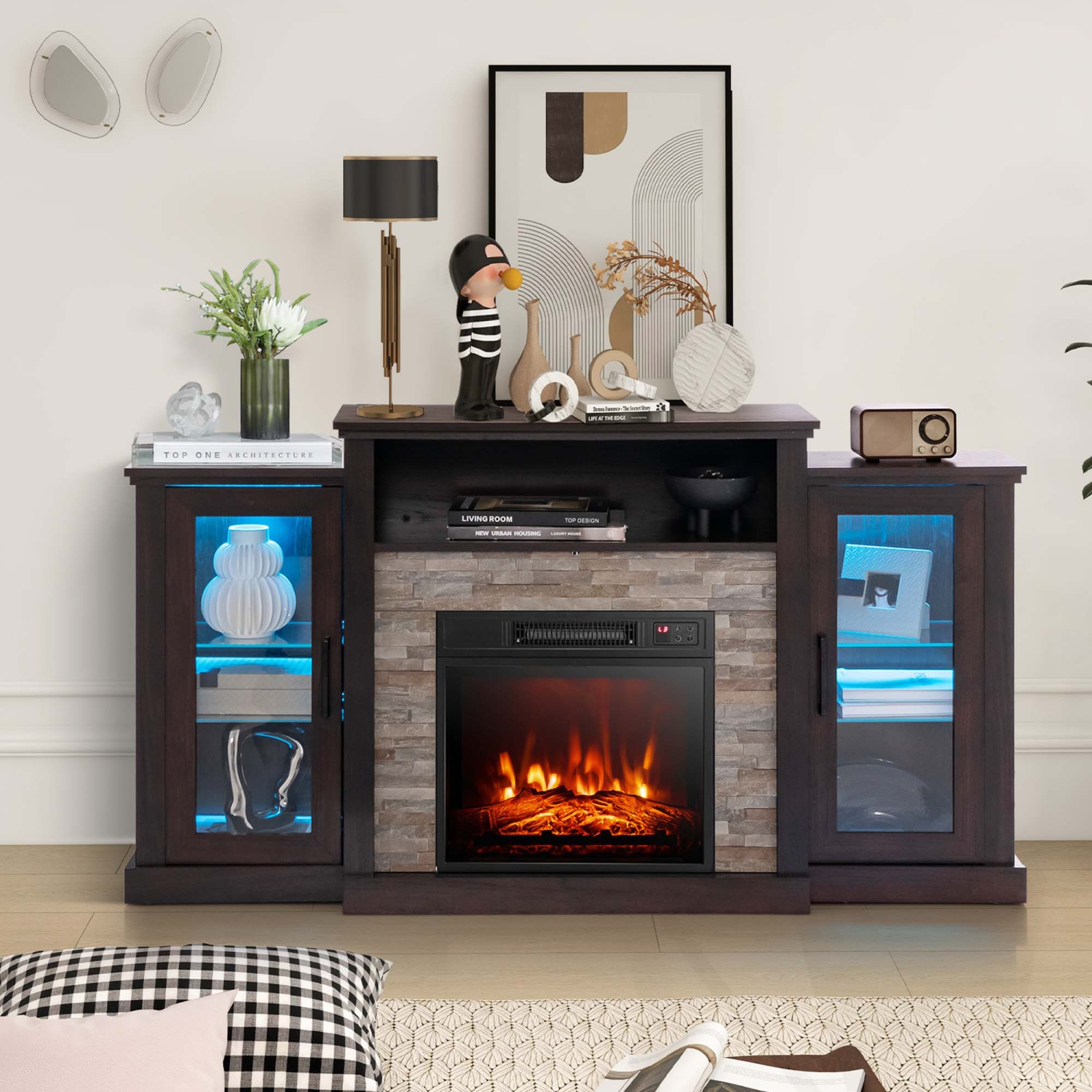 Costway Fireplace TV Stand with Led Lights & 18" Electric Fireplace For 65" Wall-Mounted TV