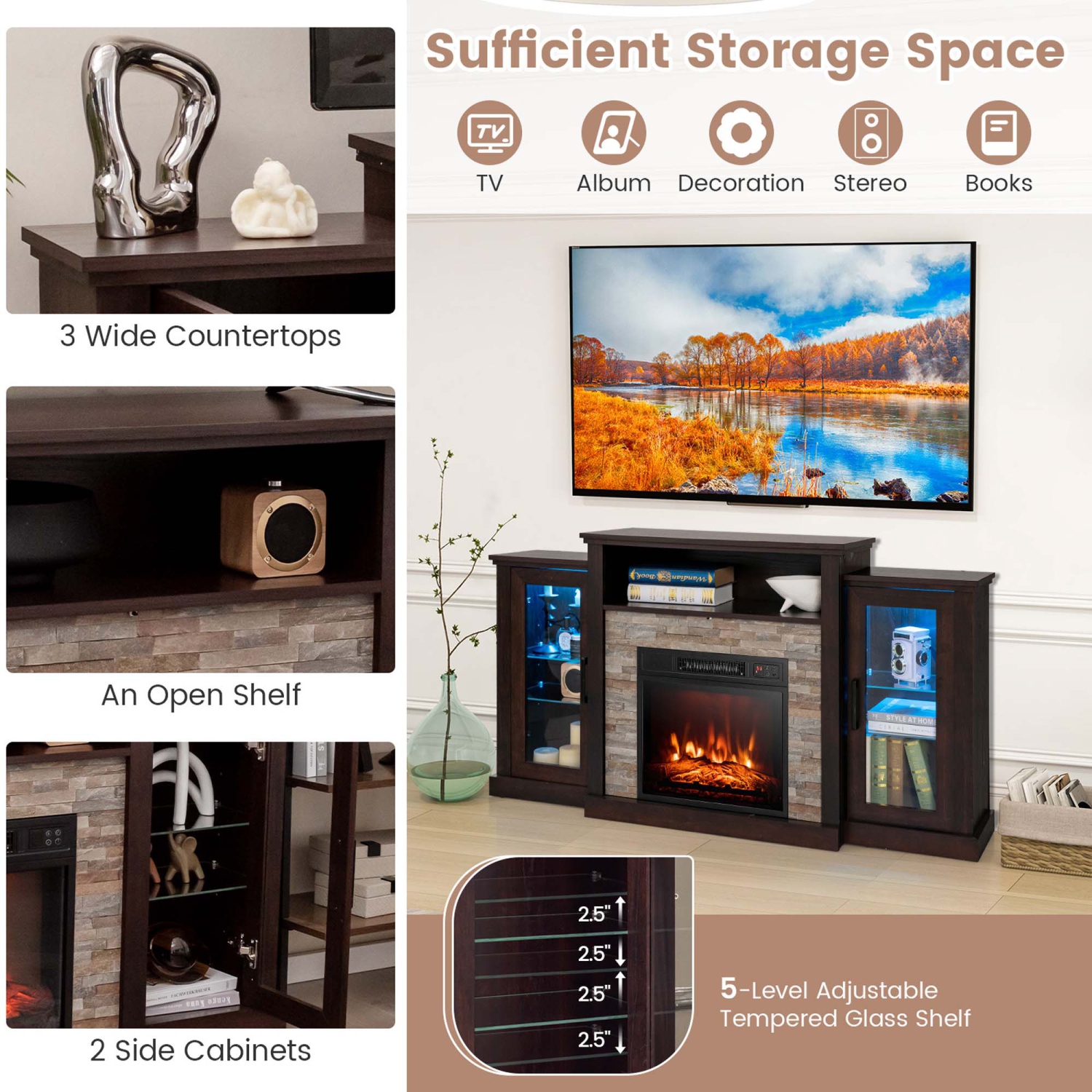 Costway Fireplace TV Stand with Led Lights & 18" Electric Fireplace For 65" Wall-Mounted TV