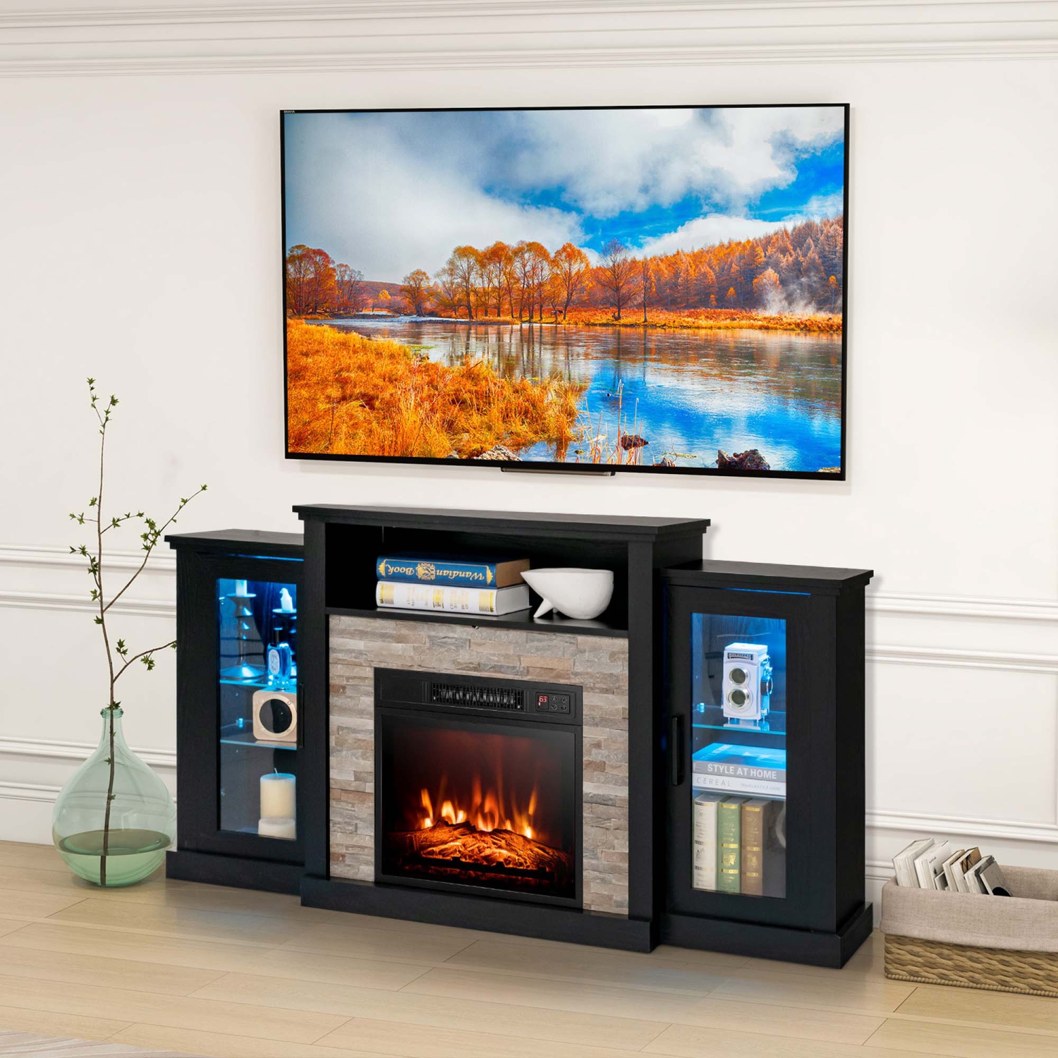 Costway Fireplace TV Stand with Led Lights & 18" Electric Fireplace For 65" Wall-Mounted TV