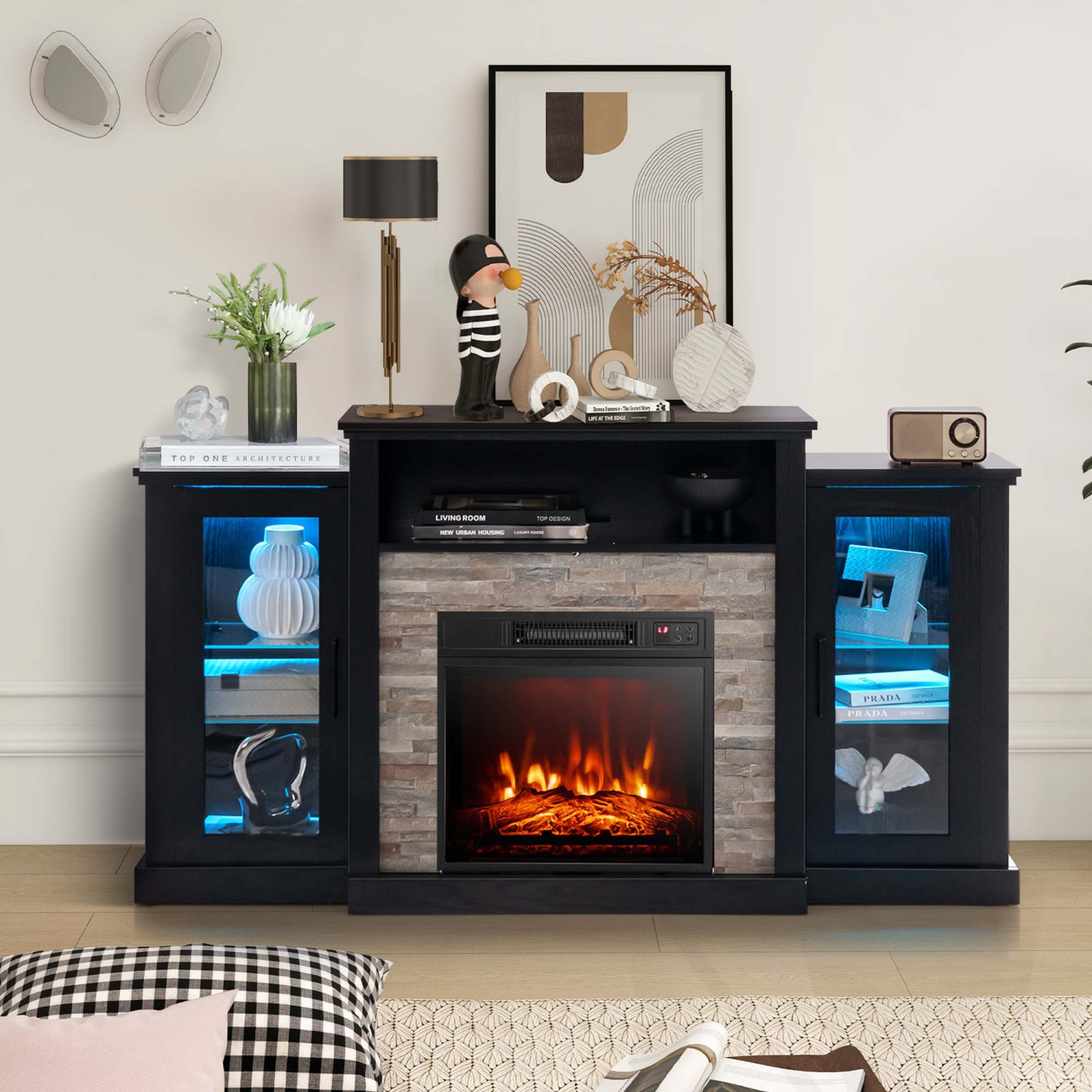 Costway Fireplace TV Stand with Led Lights & 18" Electric Fireplace For 65" Wall-Mounted TV