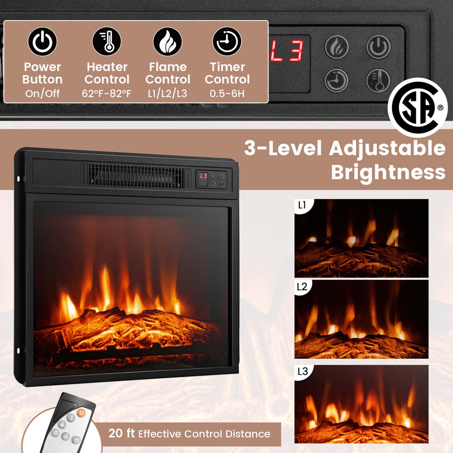 Costway Fireplace TV Stand with Led Lights & 18" Electric Fireplace For 65" Wall-Mounted TV