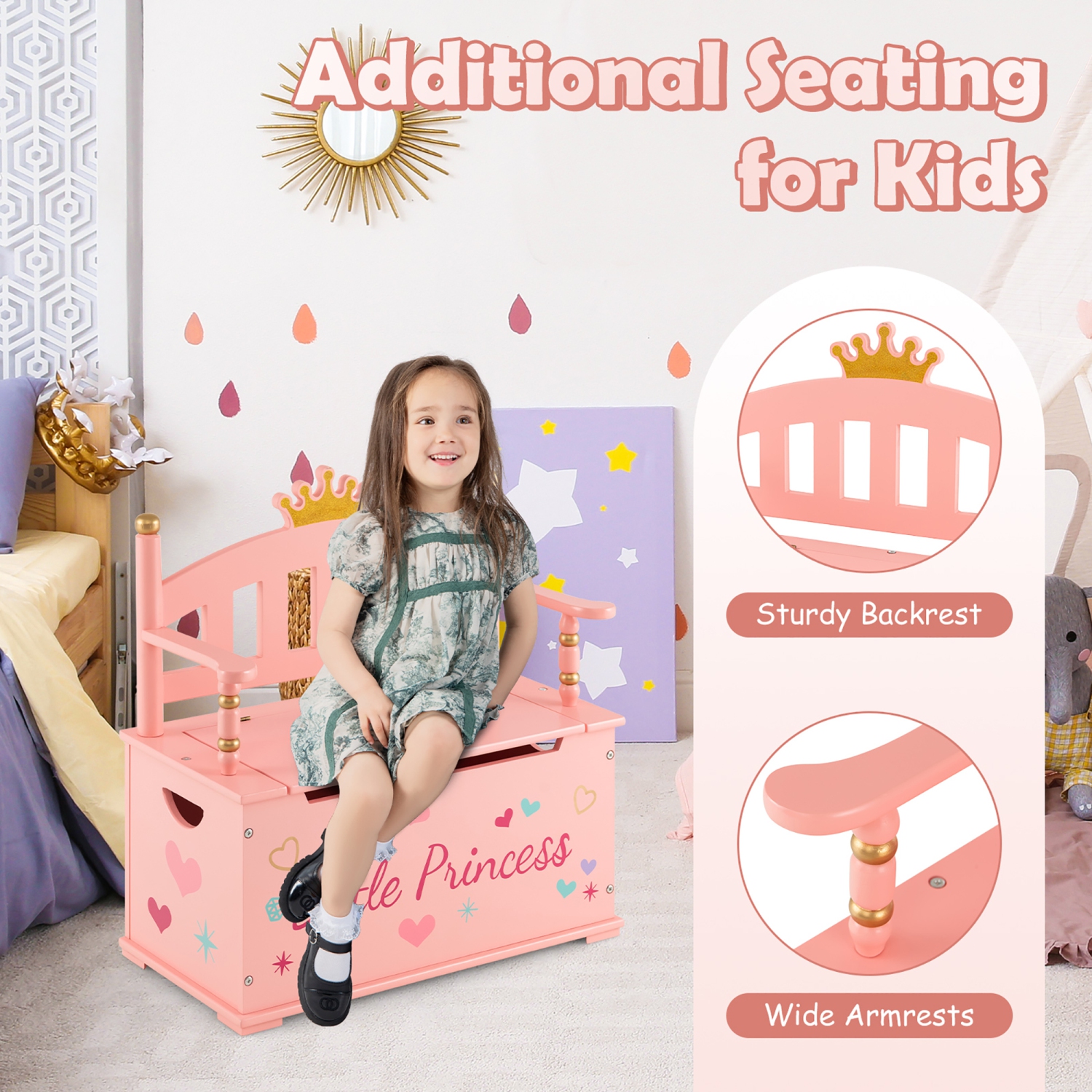 Costway Kids Princess Wooden Bench Seat Toy Box Storage Organizer Children Playroom Pink