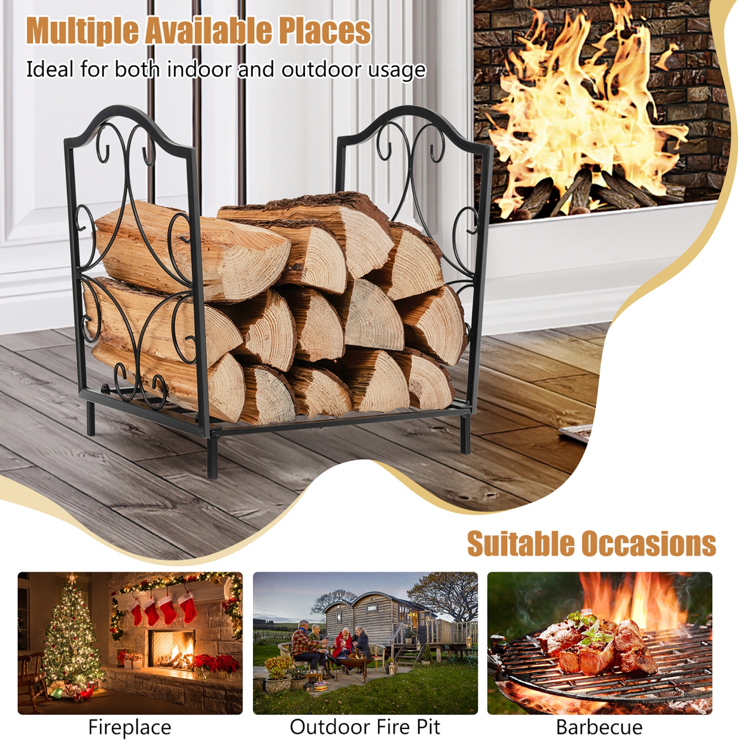 Costway 17" Firewood Rack Decorative Steel Firewood Storage Log Holder Indoor Outdoor