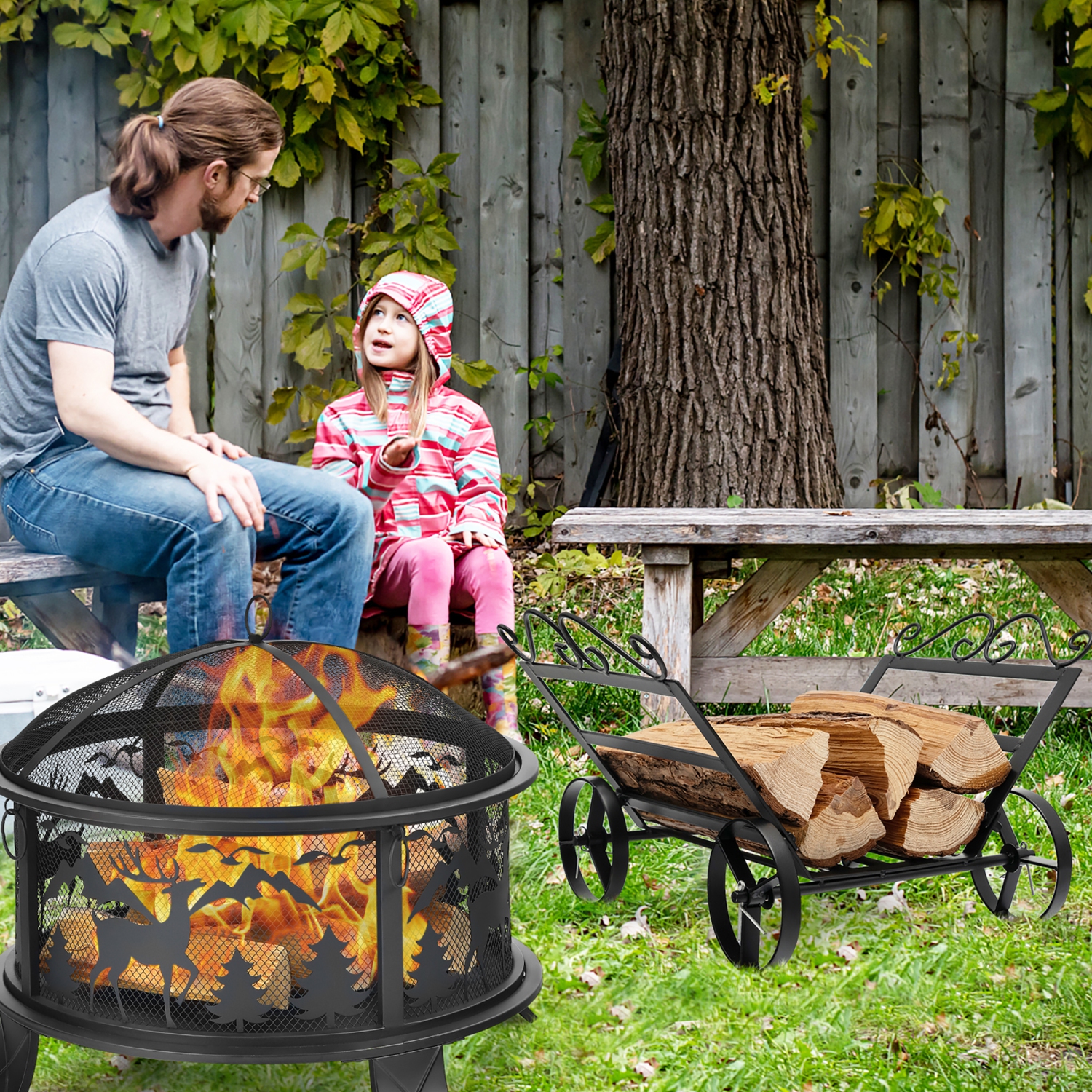 Costway Firewood Rack Decorative Rustproof Steel Fireplace Log Holder w/ Wheels