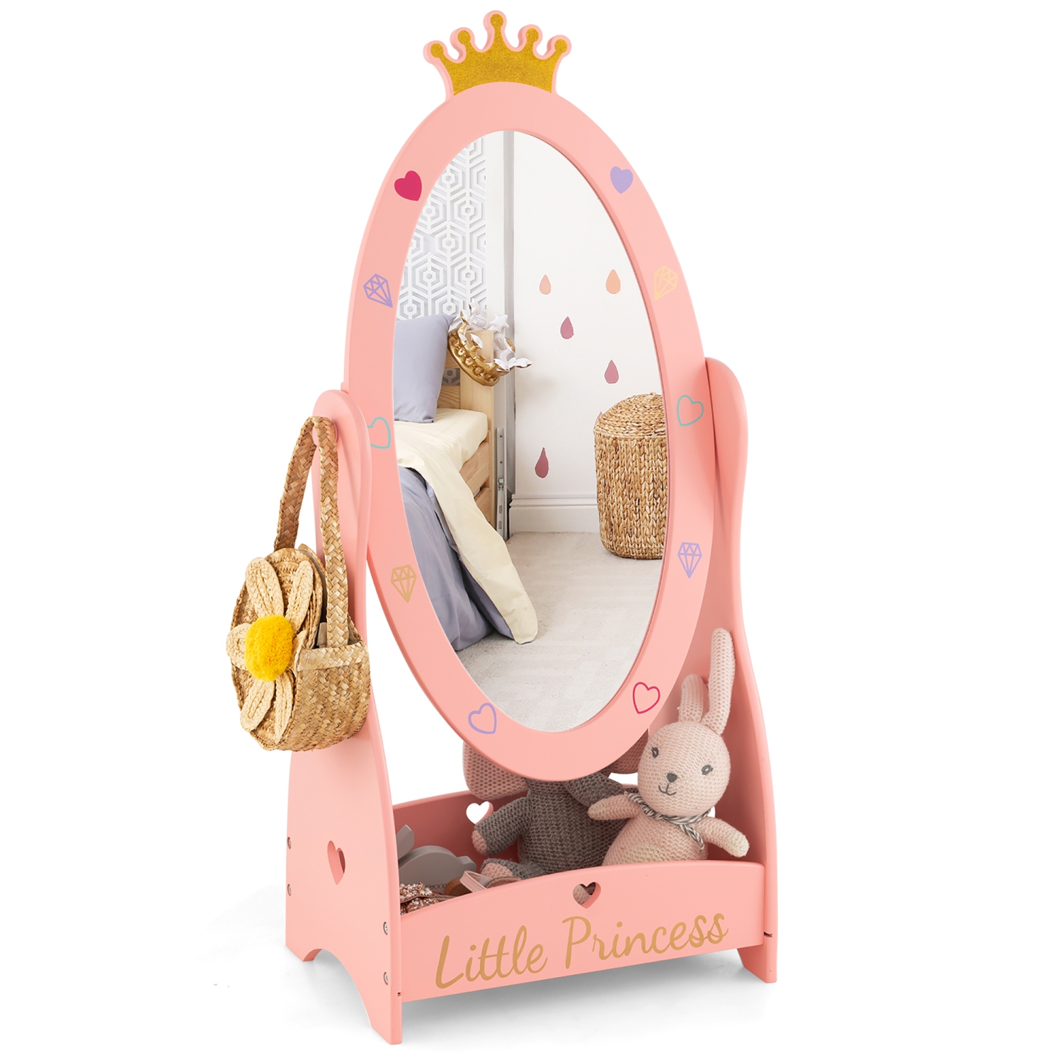 Costway Kids Full Length Mirror Free-Standing 360° Dressing Wooden Princess Storage Pink