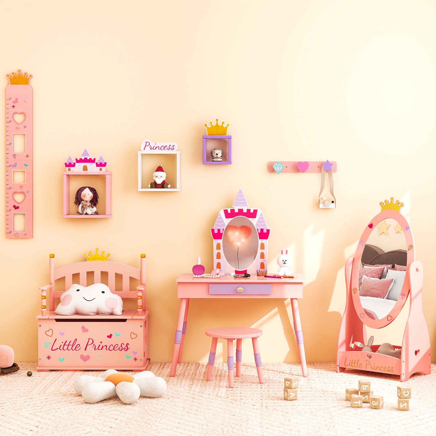 Costway Kids Full Length Mirror Free-Standing 360° Dressing Wooden Princess Storage Pink
