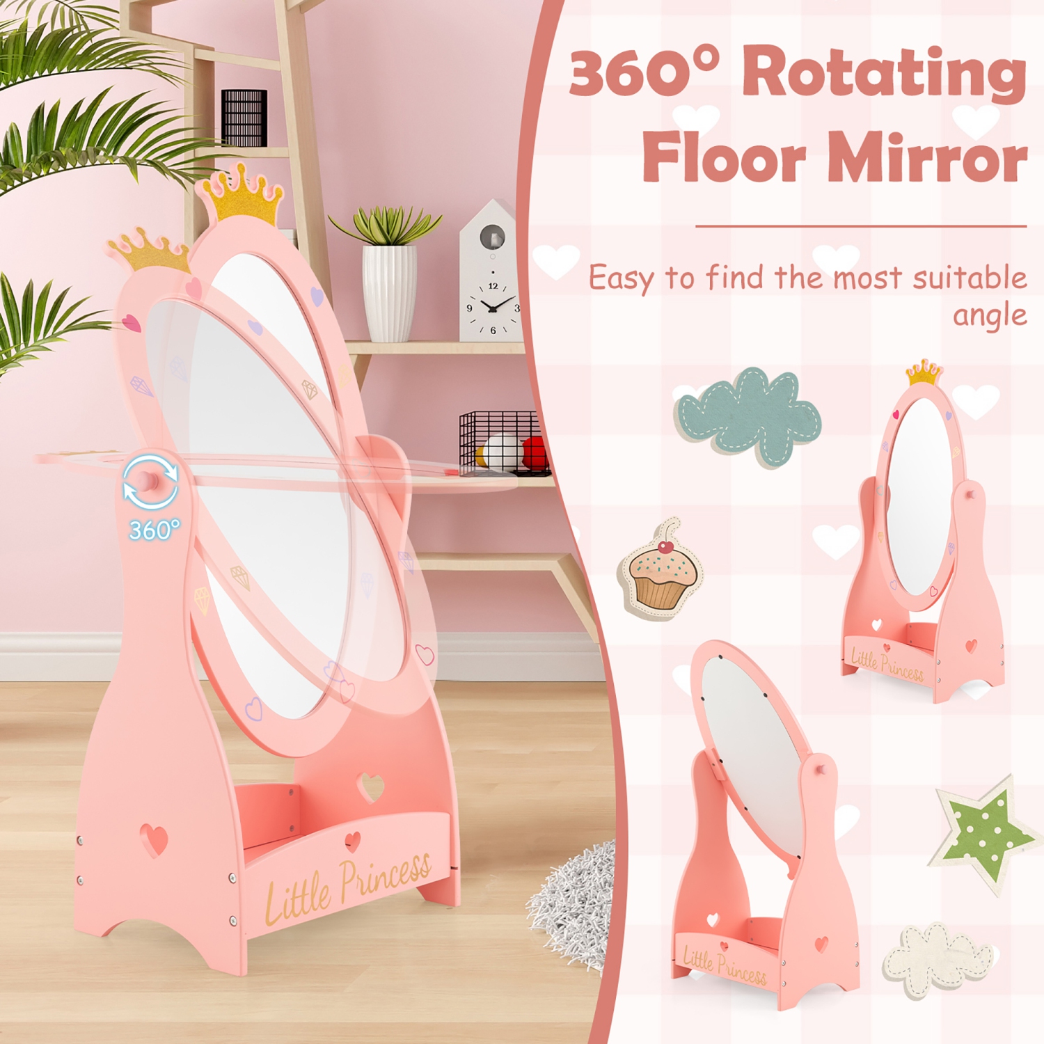 Costway Kids Full Length Mirror Free-Standing 360° Dressing Wooden Princess  Storage Pink 