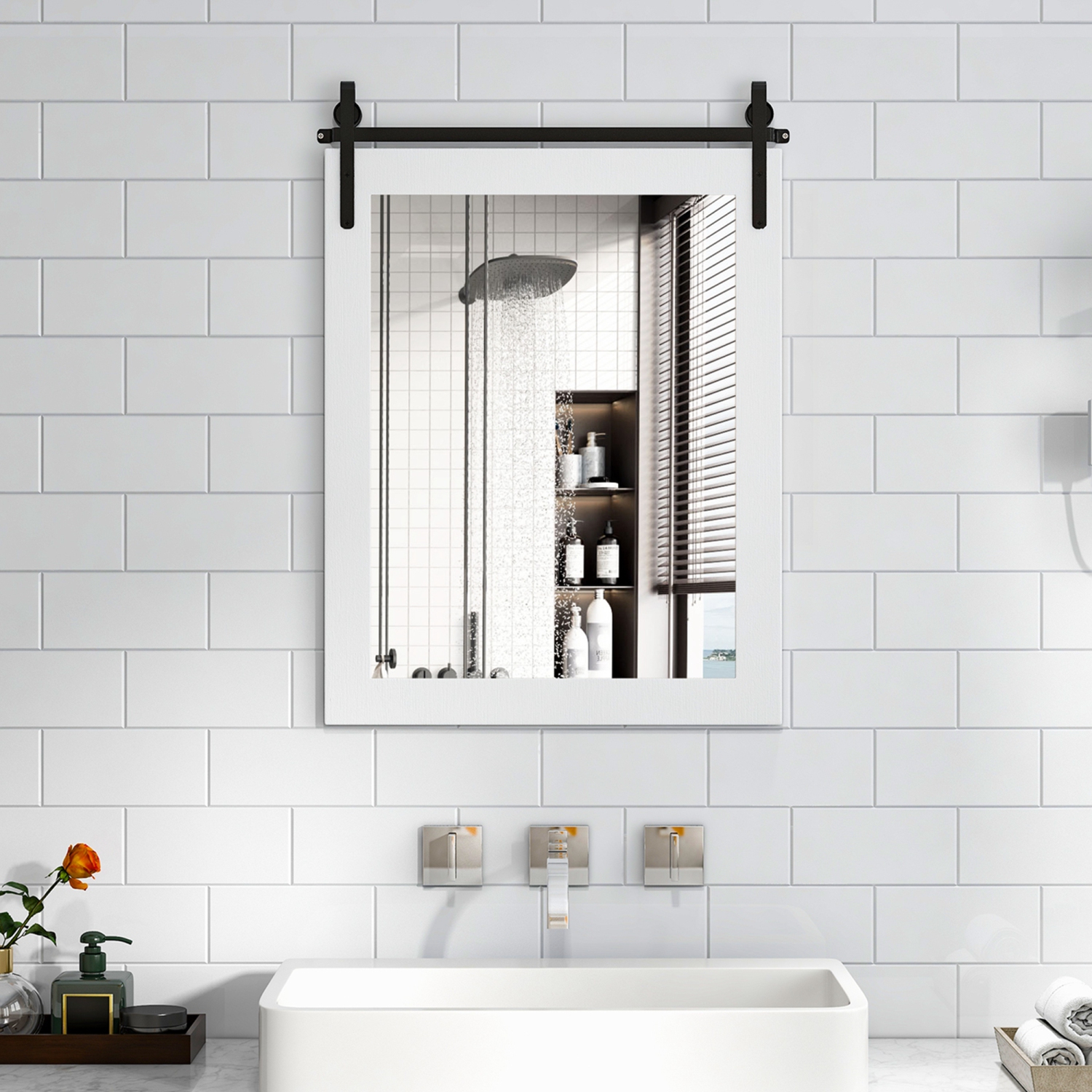 Costway – Miroir mural de 30 x x22 po, miroir de salle de bain, cadre en bois, porte de grange, blanc