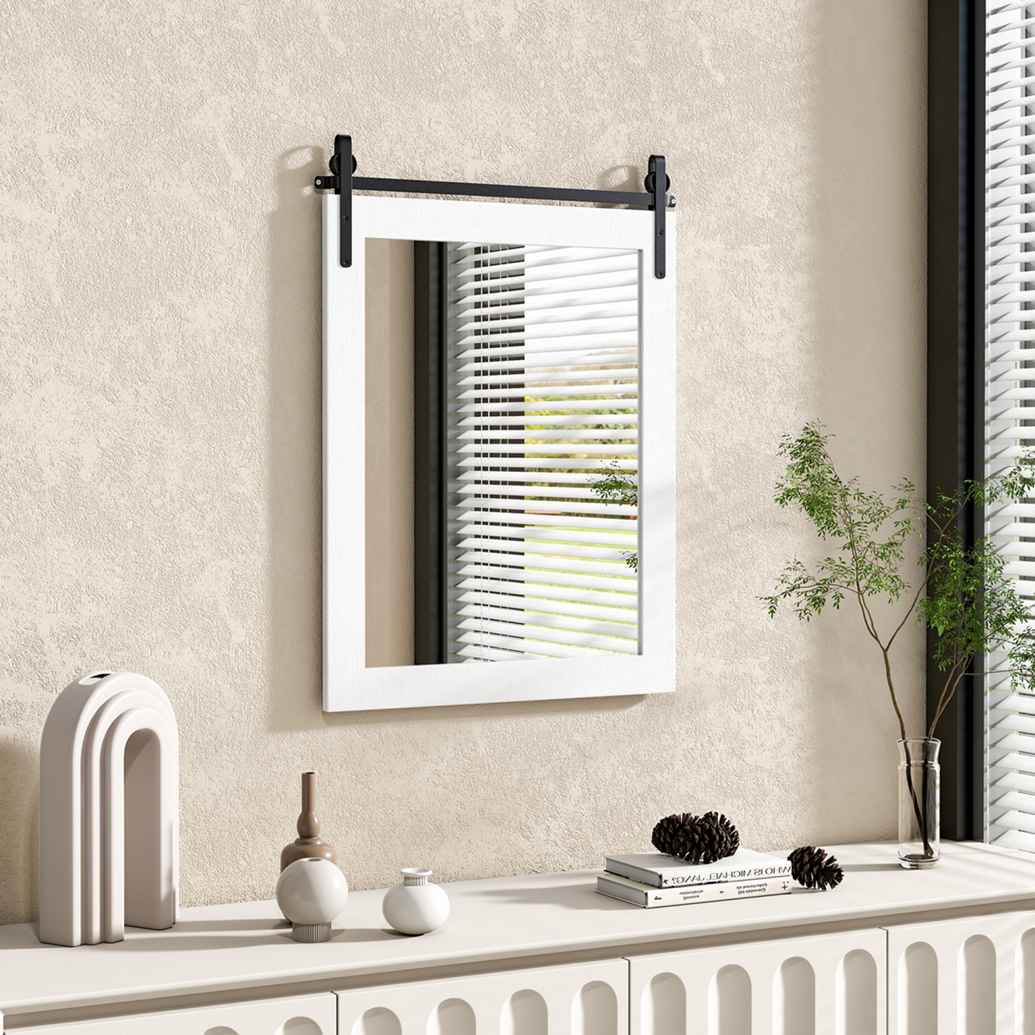 Costway – Miroir mural de 30 x x22 po, miroir de salle de bain, cadre en bois, porte de grange, blanc