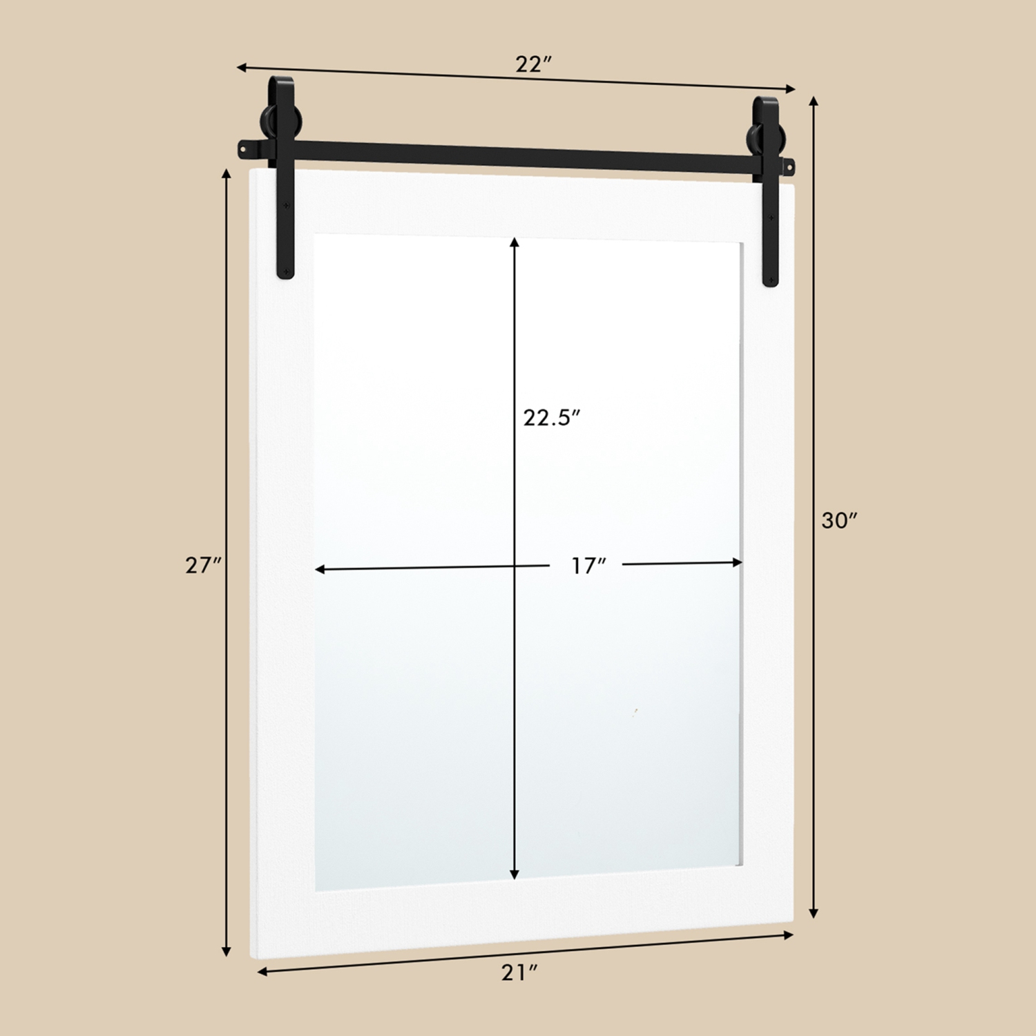 Costway – Miroir mural de 30 x x22 po, miroir de salle de bain, cadre en bois, porte de grange, blanc